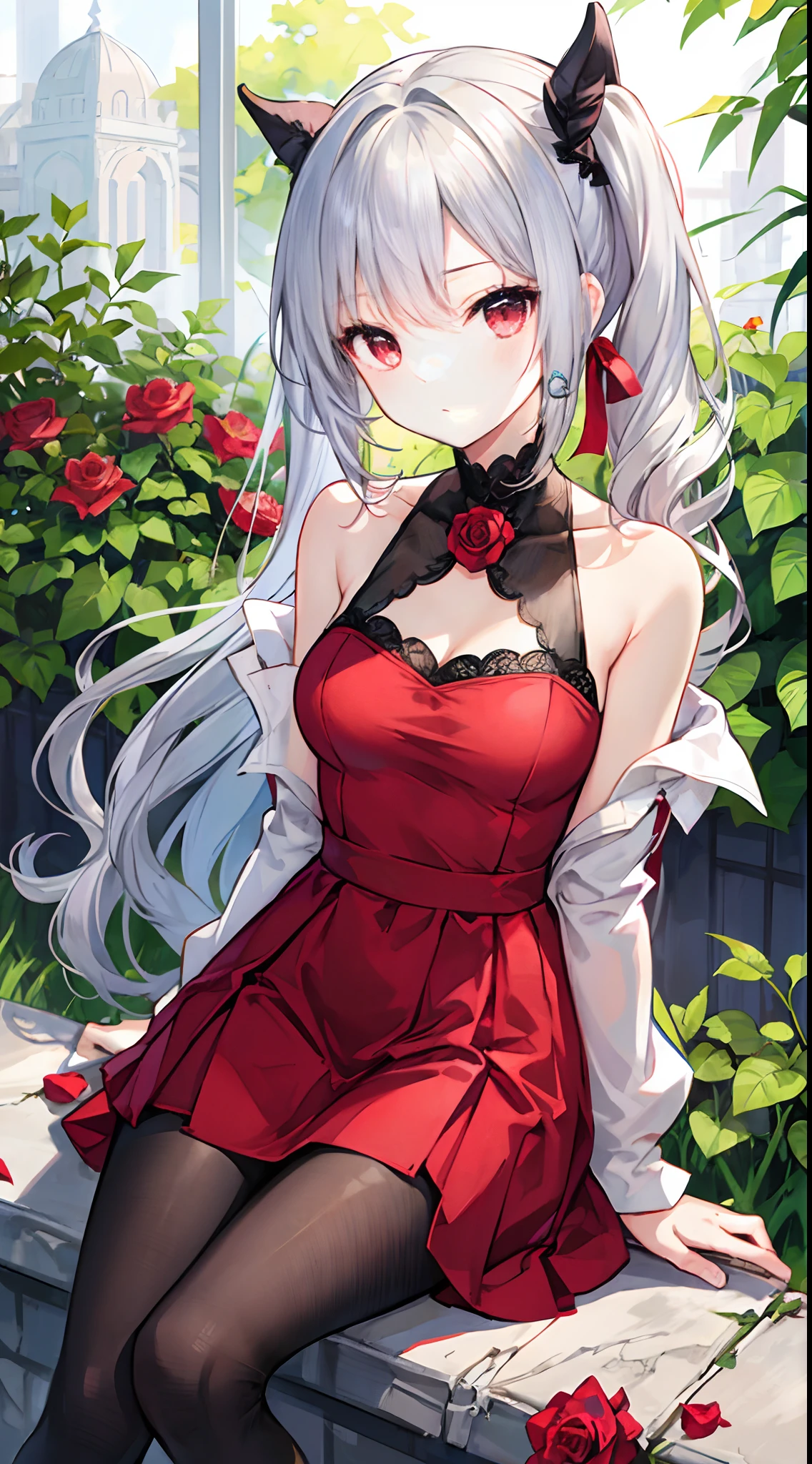 Wavy silver hair、red eyes、Beautiful girl alone、Bright red dress、cropped shoulders、A miniskirt、Black tights、Sit on the、poneyTail、Rose garden