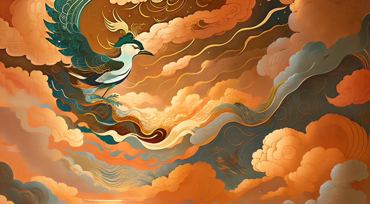 Draw a bird flying in the sky,There are clouds and birds, an illustration of inspired by Victo Ngai, brittney lee, victo ngai and surrealism, victo ngai fine texture,. illusory engine, jen bartel, painting of wild hunt in the sky, botticelli and victo ngai(Chinese watercolor style, Chinese painting style)