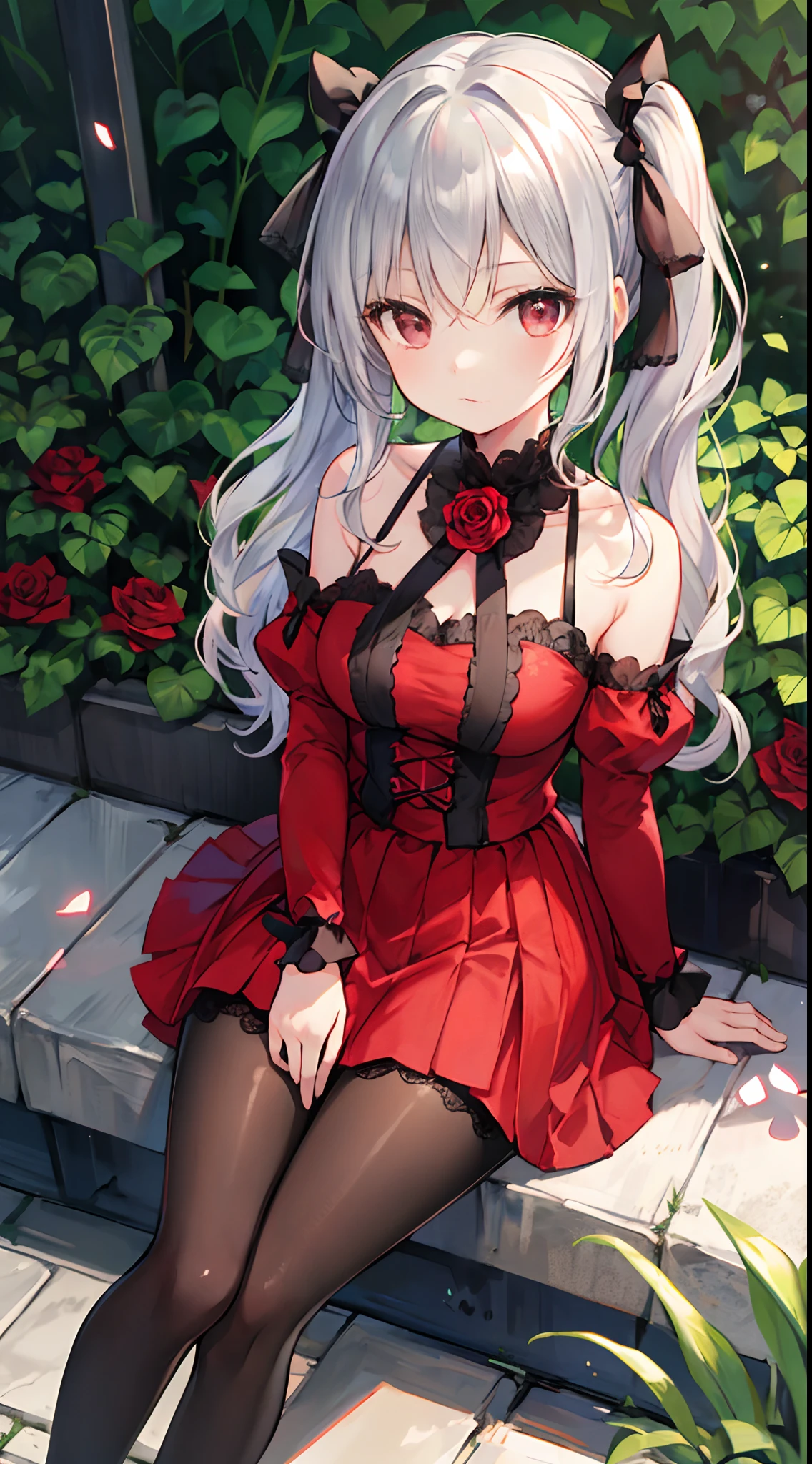 silver wavy hair、red eyes、Beautiful girl alone、Bright red dress、Off the shoulders、mini skirt、black leggings、sit、ponytail、rose Garden