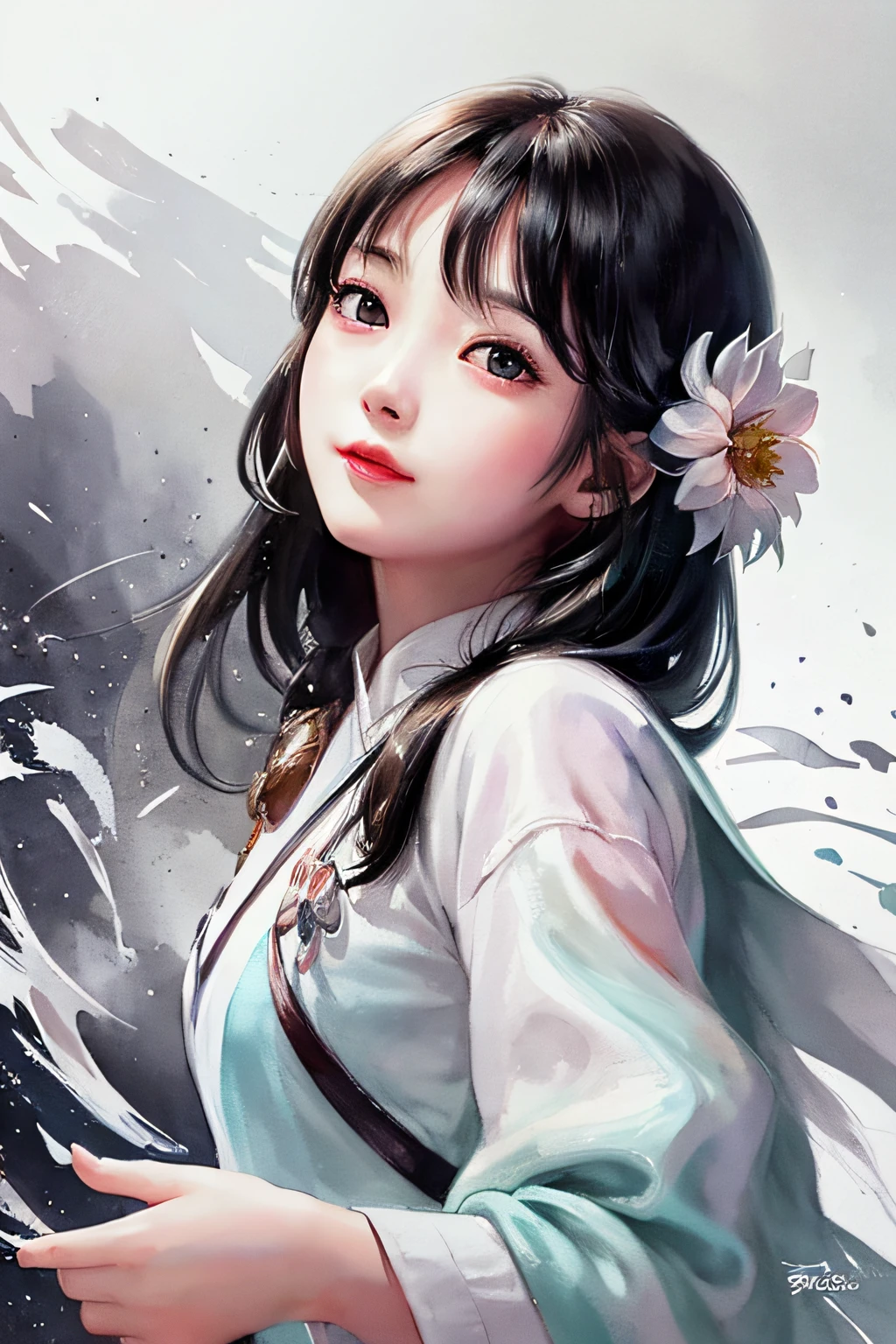 stechu,(white background:1.4), ((tachi-e)), original,(illustration:1.1),(best quality),(masterpiece:1.1),(extremely detailed CG unity 8k wallpaper:1.1), (colorful:0.9),(panorama shot:1.4),(solo:1.2), (ink splashing),(color splashing),((watercolor)), clear sharp focus,{ 1girl standing },((korean style )),flower background,outdoors,rocks, looking at viewer, make happy expressions,soft smile,pure,beautyfull detailed face and eyes,beautyfull intricacy clothing decorative pattern details, black hair,black eyes,colorwater