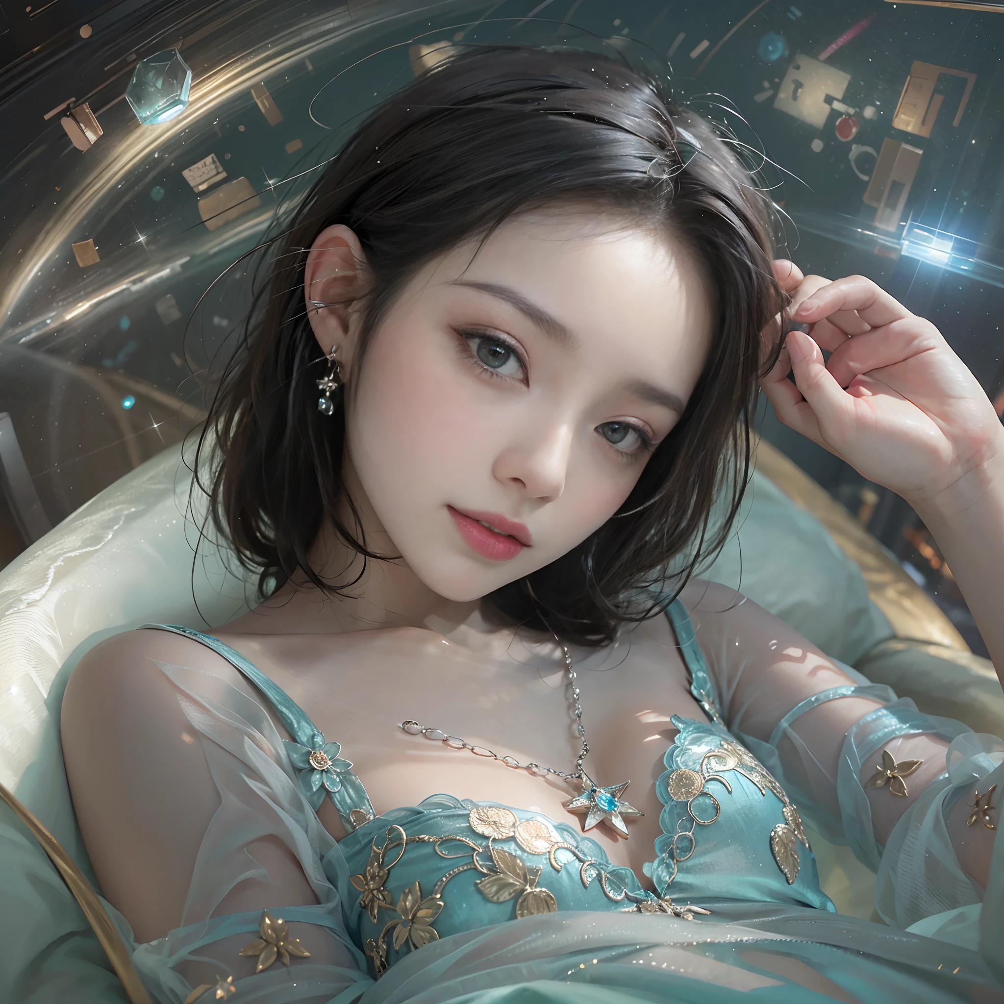 1girll,(Captivating quality:1.4),(True textured skins of the highest quality), Delicate face,Black hair, Gradient Hair, petite body,(perfect bodies:1.1), There is a jewel on the forehead, rimless eyewear, PUPILS SPARKLING,long eyelasher,grin, hyperphotorealism, Cinematic lighting, projected inset, surrealism, hyper HD, masutepiece, 16 K,Lie down,Dream On,Please wear clear silk pajamas,Carmelto,legs slightly open,tattooed,Fantasy space,Luxurious space