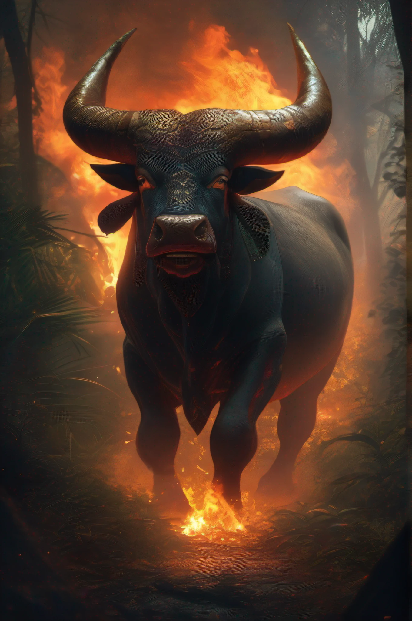 Amazon Jungle, the creature Boitatá, flaming eyes, a bull with huge horns and covered in snake skin, fire comes out of its nostrils, dark atmosphere