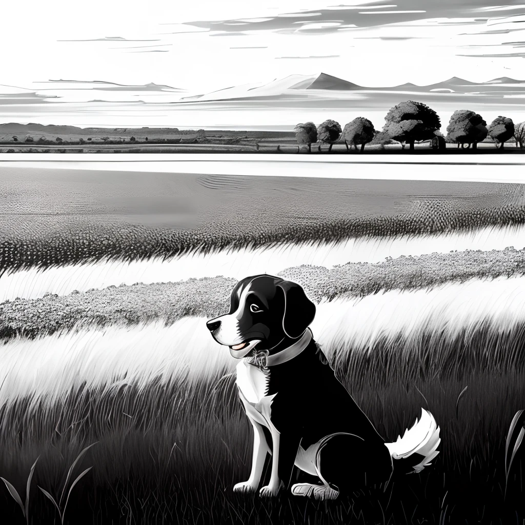Cartoon style, dog, cartoon style, the landscape is a field, no color, black and white, white background, thick lines, bold lines