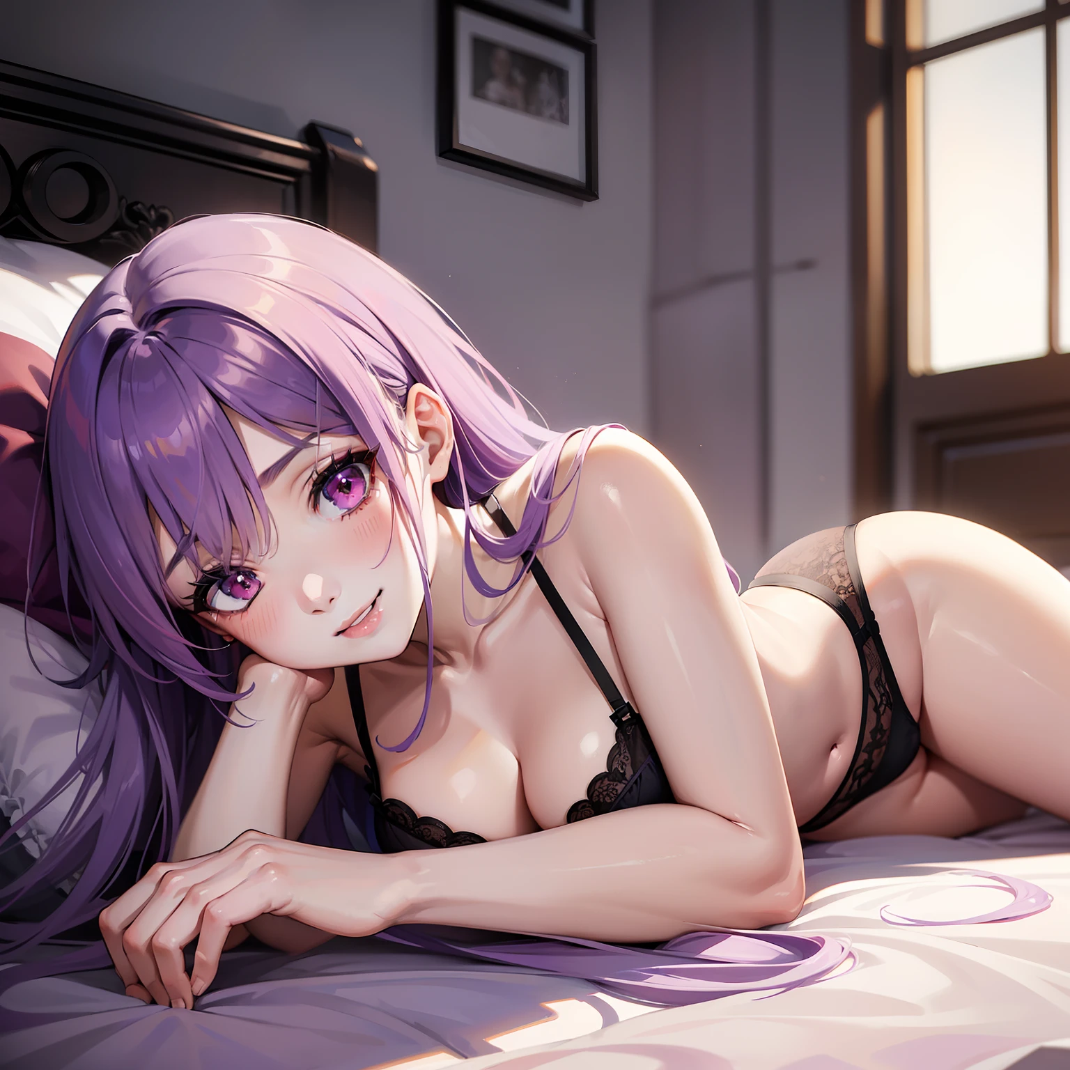 (Masterpiece), Best Quality, expressive eyes, a perfect face, 1girl,solo, purple hair, lilac hair, ash hair, red eyes, Big Breast, Smile, underwear, black panties, black bra, pink bows, liying on bed, lying on back