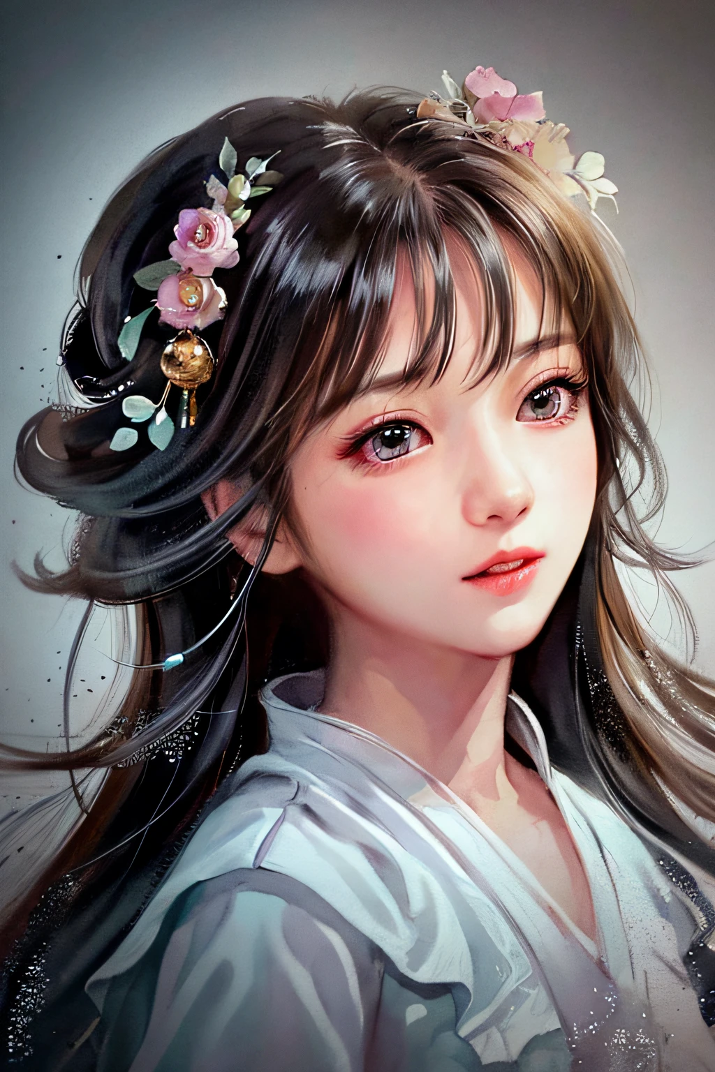 stechu,(white background:1.4), ((tachi-e)), original,(illustration:1.1),(best quality),(masterpiece:1.1),(extremely detailed CG unity 8k wallpaper:1.1), (colorful:0.9),(panorama shot:1.4),(solo:1.2), (ink splashing),(color splashing),((watercolor)), clear sharp focus,{ 1girl standing },((korean style )),flower background,outdoors,rocks, looking at viewer, make happy expressions,soft smile,pure,beautyfull detailed face and eyes,beautyfull intricacy clothing decorative pattern details, black hair,black eyes,colorwater