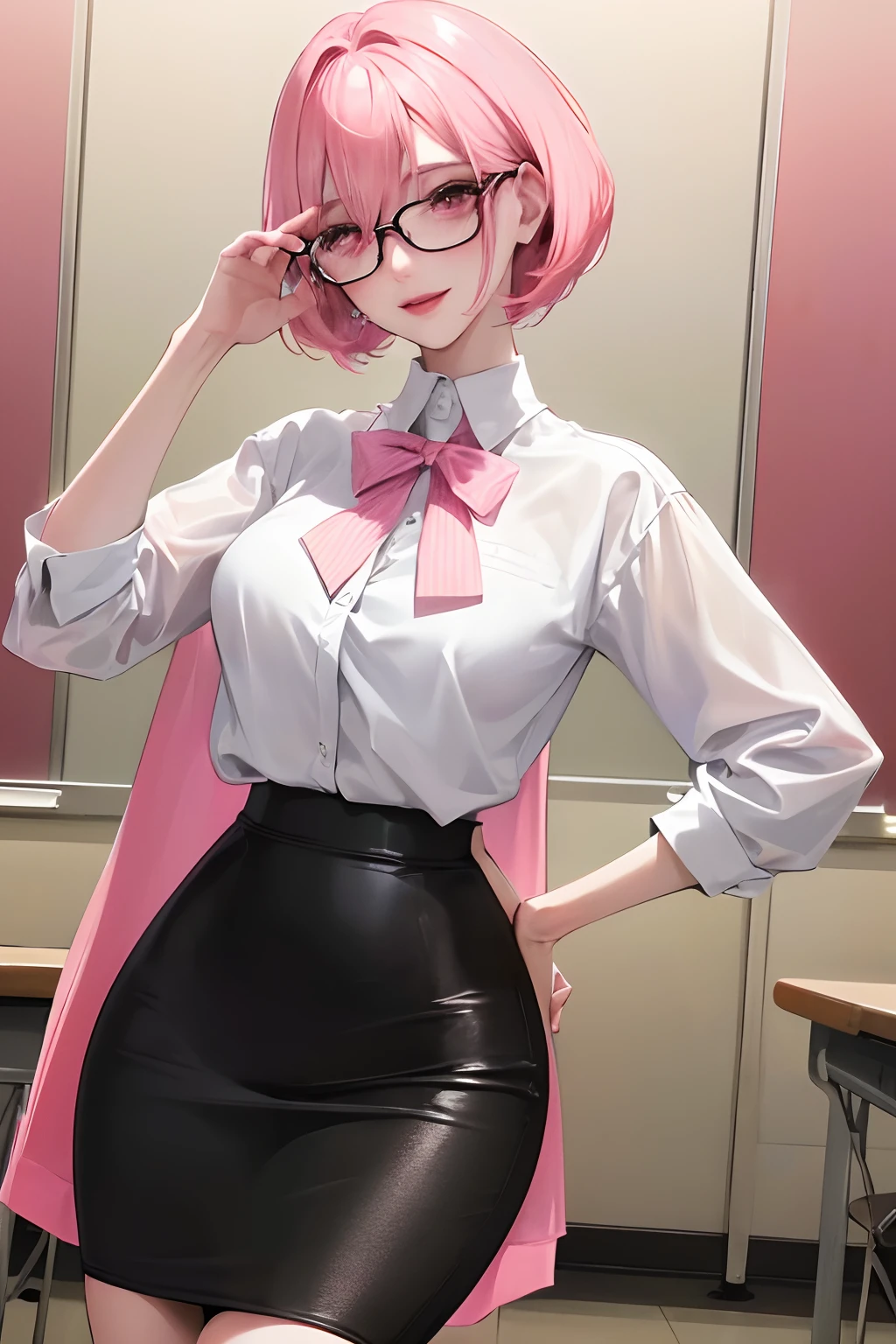 ((teacher)))、pencil skirt、‎Classroom、、Red glasses、Official art, masutepiece, Sharp Focus, (Beautiful gorgeous cute European: 1.3), (Beautiful cute European: 1.3),, Delicate and beautiful hair, eyes and face, Realistic, a beauty girl, glow white particle, (Side lighting: 1.2),, slim, Beautiful oversized breasts and very large hips, ssmile, ((Smile with eyes, open both eyes)), ornamented, Short bob hair, sexy facial expression, Detailed platinum pink hair, glowing pink eyes, White long socks, pale skin, Red glasses、、 complete hands,(Top resolution、Distinct_image)top-quality、Women's masterpieces、ighly detailed、Semi-realistic、(large part of the body)、Pink hair、(standing painting)、(Exquisite facial features、Exquisite facial features)