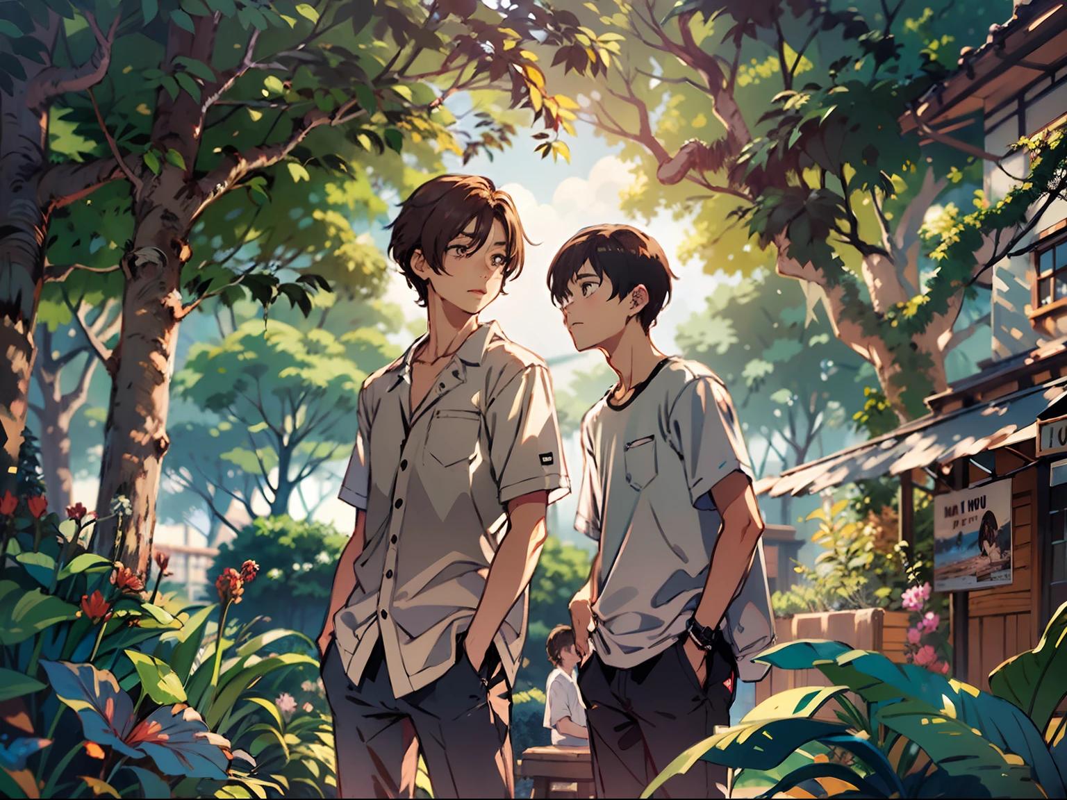 2boys,11 only、(Man's :2),(bobhair:1.5)、A dark-haired、Brown hair、Cutter shirt、chum、cafes、Trees、Sunlight、clouds,Natural lighting、hightquality、masutepiece,8K,hight resolution、