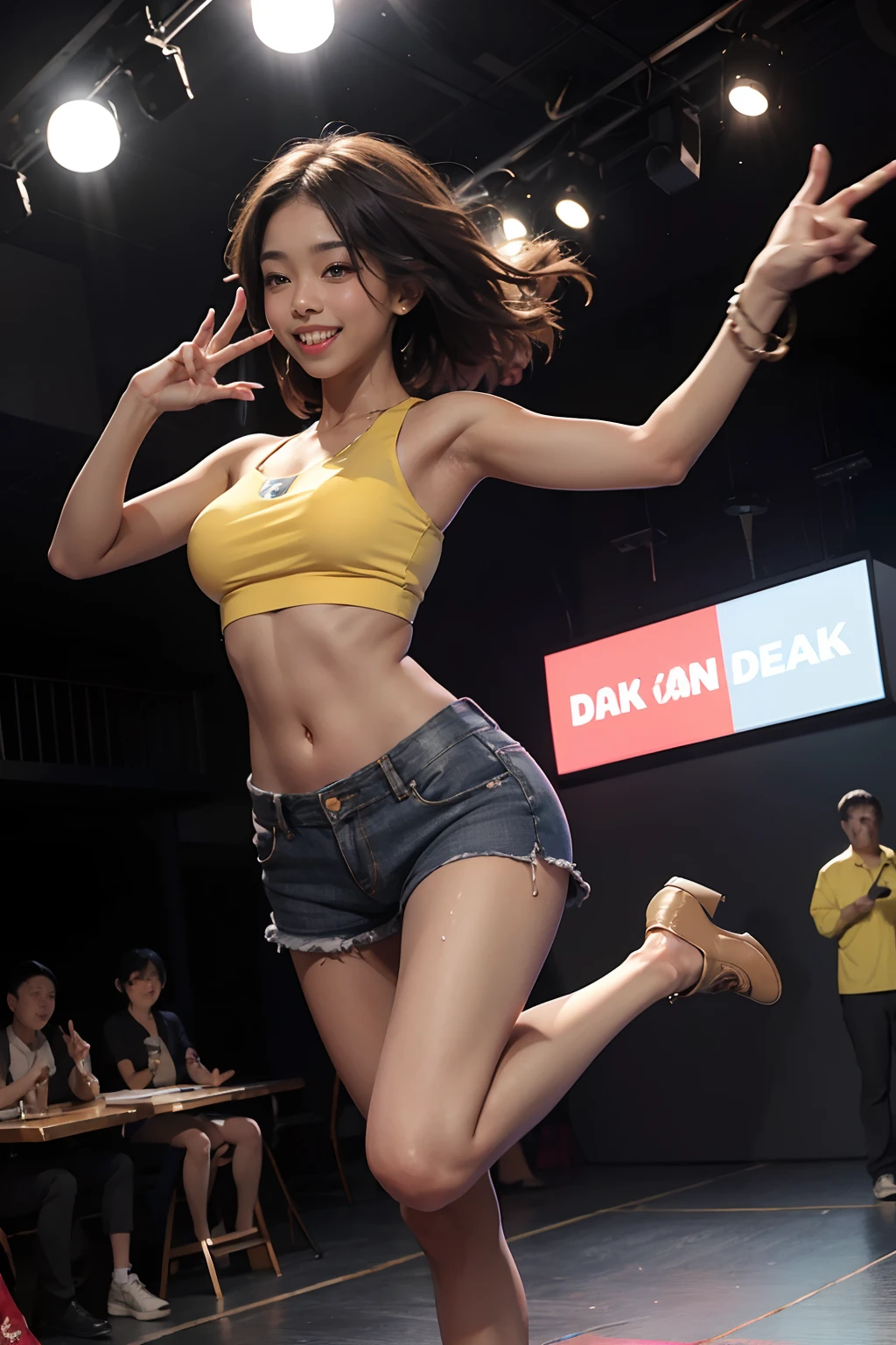 8k, top-quality, (pubic hair beauty)、hight resolution, realisticlying, realperson, Red Light District at Night、There are many signboards、The light on the sign is dazzling、Dancing in different poses on stage、The best smile、Fun and smiling、One young and beautiful girl、Reveal madness、Inviting eyes、Martial Arts Tournaments、Serious Serious Competition、denim short pants、toppless、high-heels、(tanned_skin:1.5)、(dark_skin:1.5)