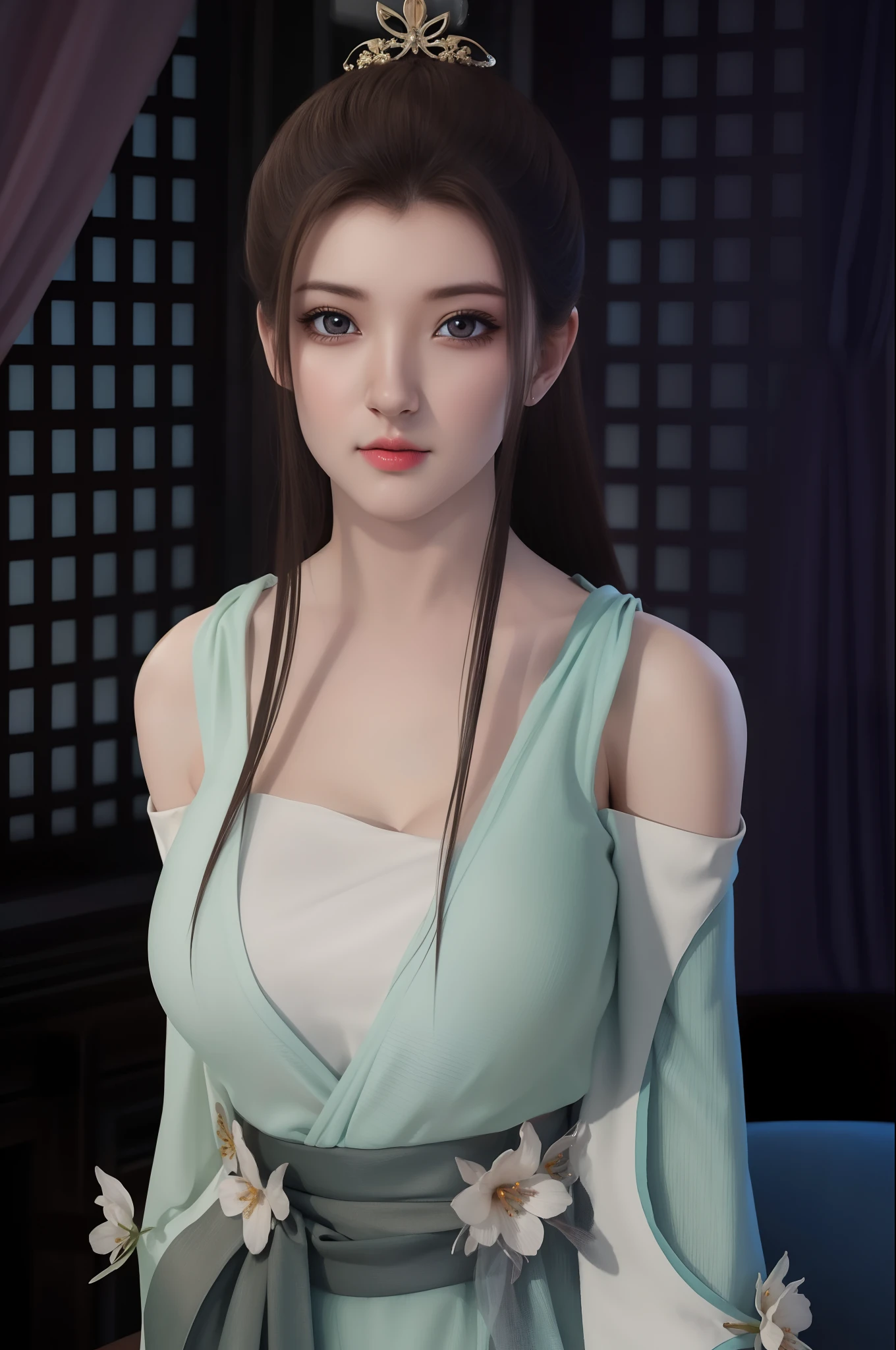 (hyperrealistic), (illustration), (high resolution), (8K), (extremely detailed), (best illustration), (beautiful detailed eyes), (best quality), (ultra-detailed), (masterpiece), (wallpaper), (photorealistic), (natural light), (rim lighting), (detailed face), (high detailed realistic skin texture), (anatomically correct), (solo), (1 girl), (high detailed realistic hair), (black hair:1.35), (heterochromic eyes), (detailed eyes), (bright brown eyes:1.37), (sparkling eyes), (realistic big breasts:1.5), (exposed  breasts:1.35), (long legs), (slender abs), (dynamic pose), (closed tiny mouth:1.3), nsfw, concentrated expression.