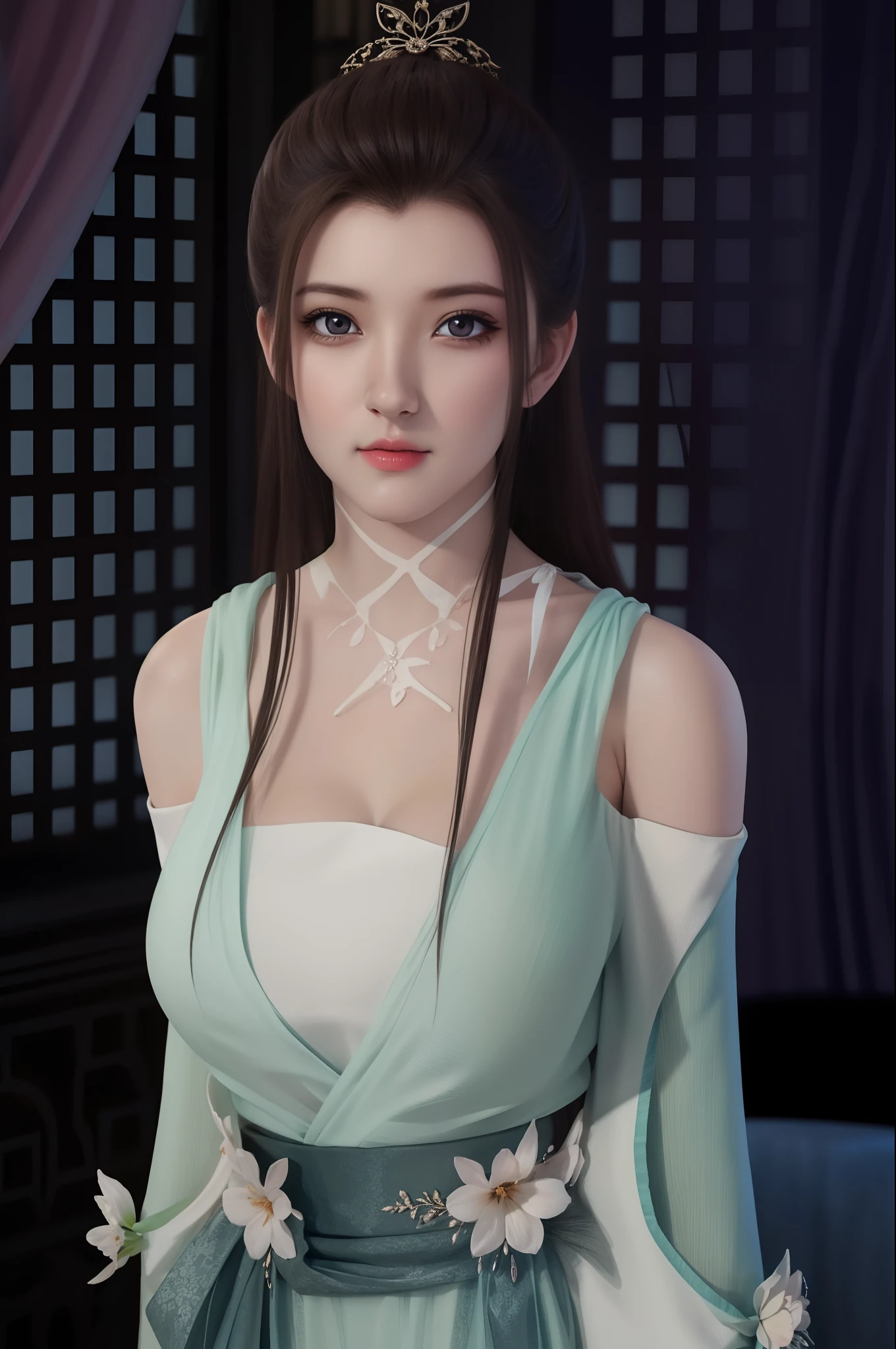 (hyperrealistic), (illustration), (high resolution), (8K), (extremely detailed), (best illustration), (beautiful detailed eyes), (best quality), (ultra-detailed), (masterpiece), (wallpaper), (photorealistic), (natural light), (rim lighting), (detailed face), (high detailed realistic skin texture), (anatomically correct), (solo), (1 girl), (high detailed realistic hair), (black hair:1.35), (heterochromic eyes), (detailed eyes), (bright brown eyes:1.37), (sparkling eyes), (realistic big breasts:1.5), (exposed breasts:1.35), (long legs), (slender abs), (dynamic pose), (closed tiny mouth:1.3), nsfw, concentrated expression.