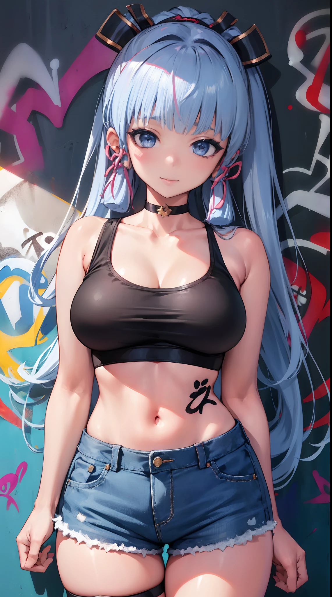 kamisato ayaka|genshin impact, master-piece, bestquality, 1girls,25 years old, proportional body, elongated legs, Beautiful, proportional., crop top, Long Jeans, mediuml breasts, ,bara, crop top, choker, (Graffiti:1.5), Splash with purple lightning pattern., arm behind back, against wall, View viewers from the front., Thigh strap, Head tilt, bored,(NSTDA.:1.2), (10, beste-Qualit, master-piece: 1.4), Beautiful red hair, ultra-high resolution, (lifelike, photorealistic portrait: 1.48), 20 age, Cute Girl, (Looking Through Crop Tops.), Famous Japanese actors, beautiful clear eyes, Head tilt, cowboy shot, from the front, looking at the audience, expressionless, Beautiful lake, Zeiss 150mm F/ 2.8 Hasselblad, Whole body, foot, Ultra-Wide Angle,