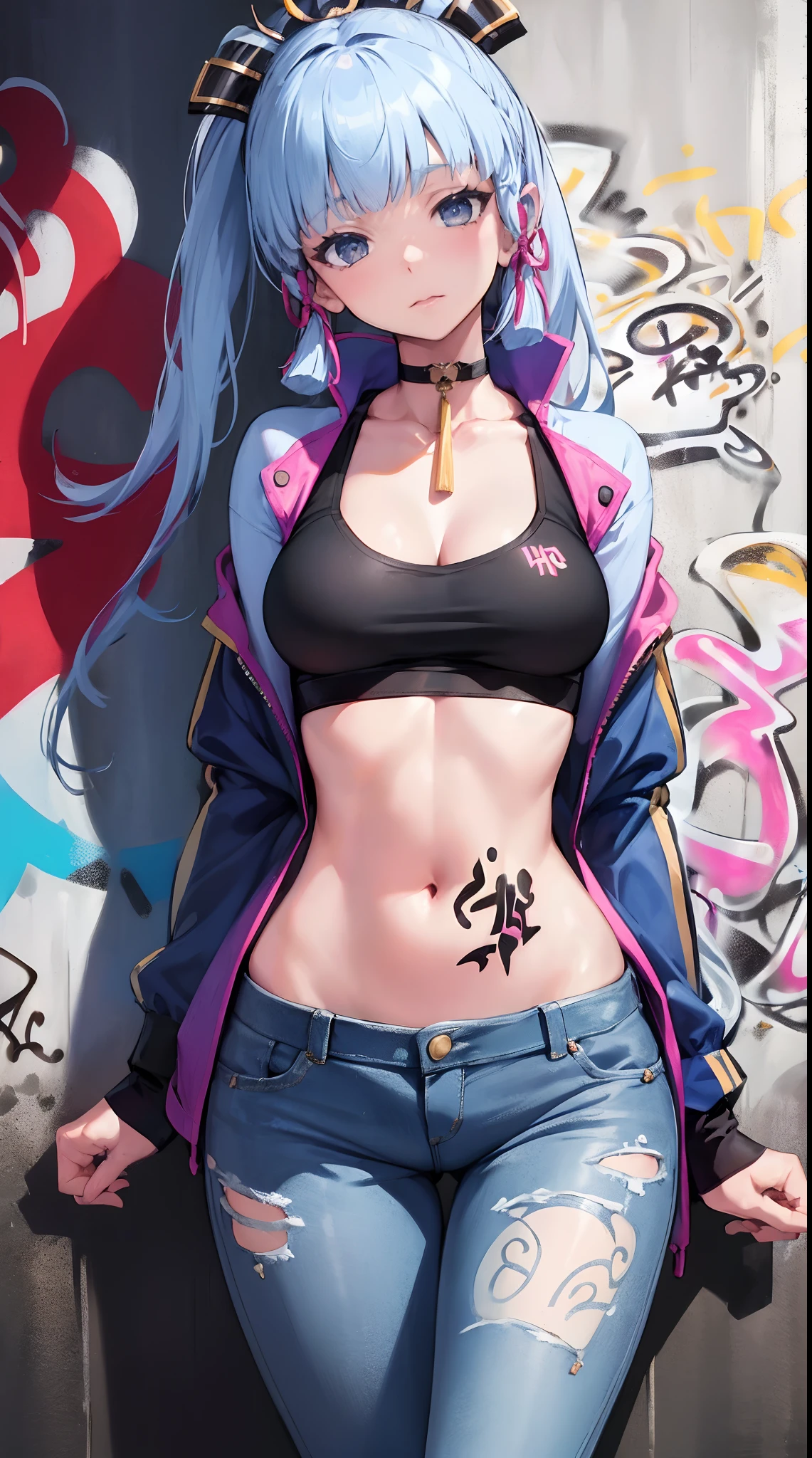 kamisato ayaka|genshin impact, master-piece, bestquality, 1girls,25 years old, proportional body, elongated legs, Beautiful, proportional., crop top, Long Jeans, mediuml breasts, ,bara, crop top, choker, (Graffiti:1.5), Splash with purple lightning pattern., arm behind back, against wall, View viewers from the front., Thigh strap, Head tilt, bored,(NSTDA.:1.2), (10, beste-Qualit, master-piece: 1.4), Beautiful red hair, ultra-high resolution, (lifelike, photorealistic portrait: 1.48), 20 age, Cute Girl, (Looking Through Crop Tops.), Famous Japanese actors, beautiful clear eyes, Head tilt, cowboy shot, from the front, looking at the audience, expressionless, Beautiful lake, Zeiss 150mm F/ 2.8 Hasselblad,  Whole body, foot, Ultra-Wide Angle,