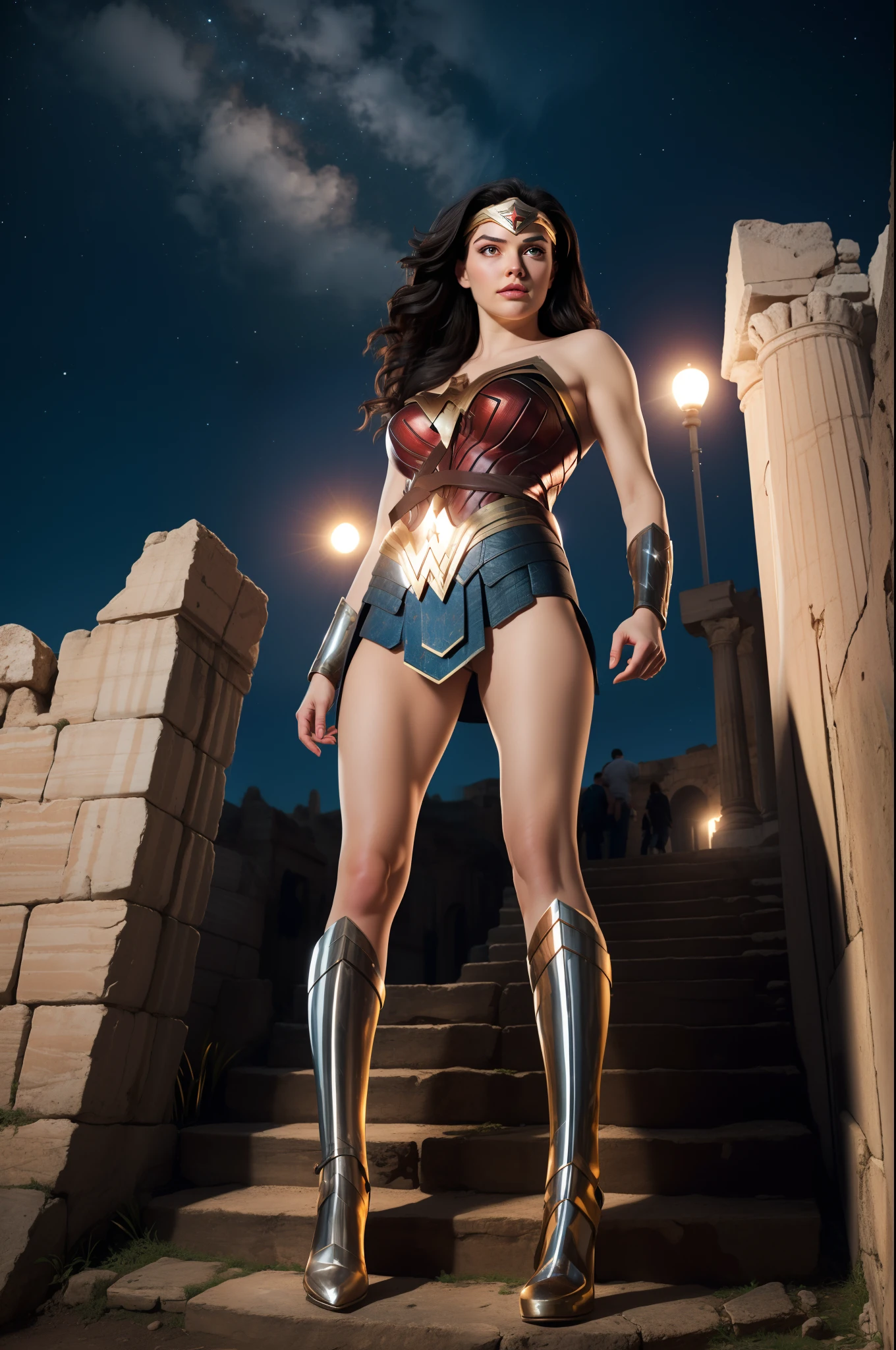 Wonder woman, Portrait photo by Altgarm, realism style, Glowing skin, Cartoon hero, Defined lips, Strong physical strength, Feminine body, Full body, viewer, Depth of field f/1.8, natta, ultra wide lens, ((Shooting from below)), (large udder:1.2), Ancient Greece, Stars in the night sky, Climb the stone steps, Background of the Colosseum, Background of ancient Greece