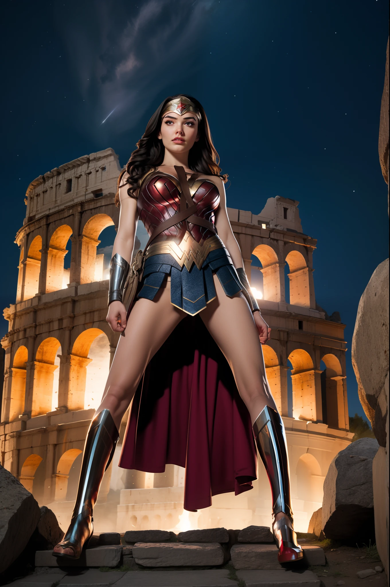 Wonder woman, Portrait photo by Altgarm, realism style, Glowing skin, Cartoon hero, Defined lips, Strong physical strength, Feminine body, Full body, viewer, Depth of field f/1.8, natta, ultra wide lens, ((Shooting from below)), (large udder:1.2), Ancient Greece, Stars in the night sky, Climb the stone steps, Background of the Colosseum, Background of ancient Greece