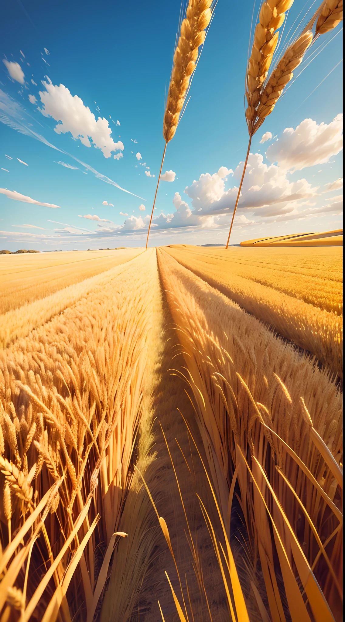 Golden Fields of Wheat:
Vast fields of golden wheat swaying in the breeze under a clear blue sky.