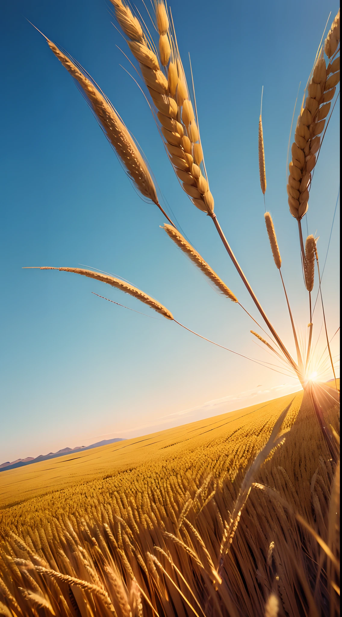 Golden Fields of Wheat:
Vast fields of golden wheat swaying in the breeze under a clear blue sky.