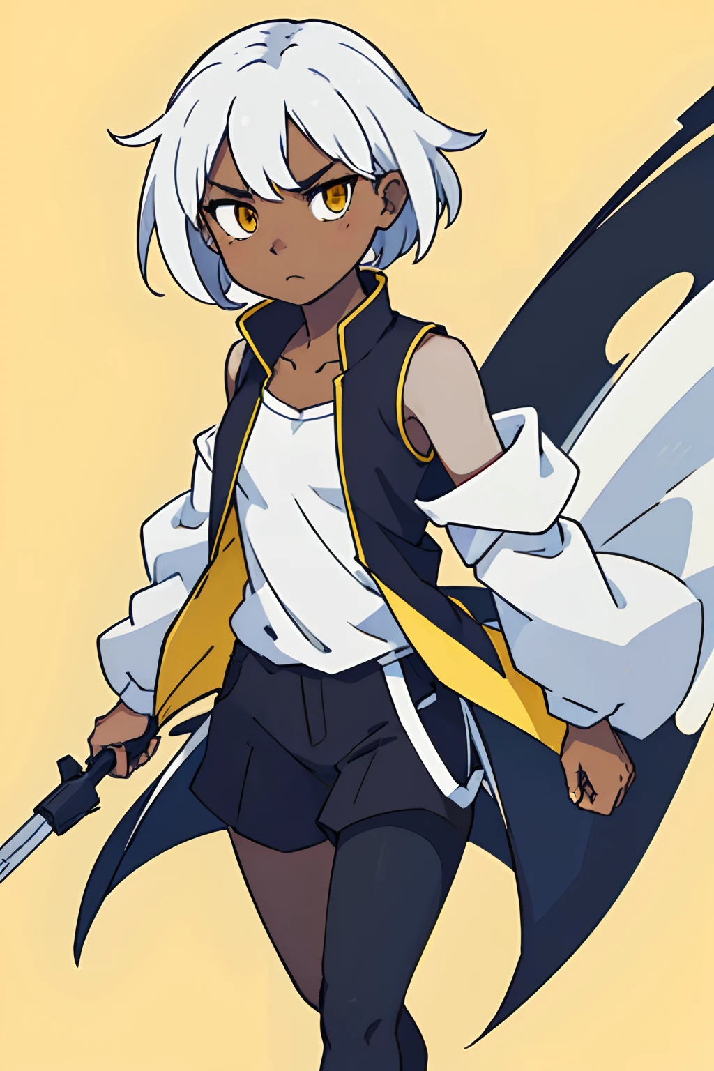 (best-quality:0.8), (best-quality:0.8), perfect anime illustration, simple background, one color background, half body shot, flat chest, face focus, dark skin, 1girl, very short hair sleeveless jacket, short, white hair, yellow eyes, tomboy, serious, stoic, looking at viewer