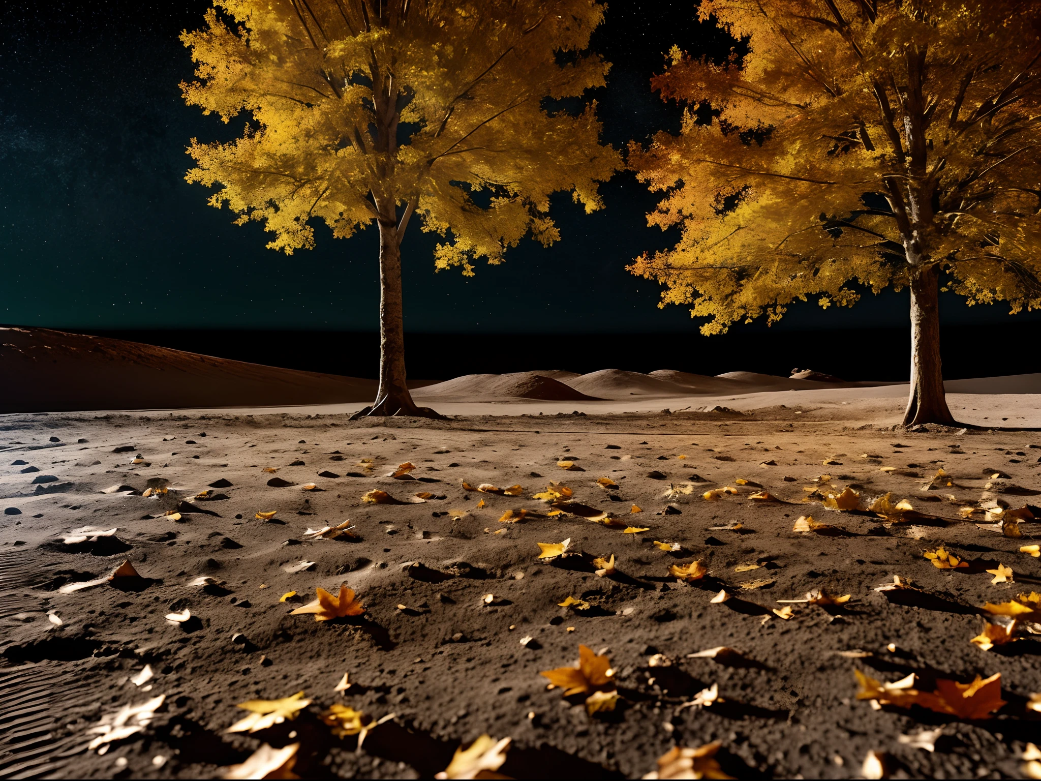 Hyper realistic photograph of autumn on the moon surface, Ultrahd, 64k, restaurant, tree