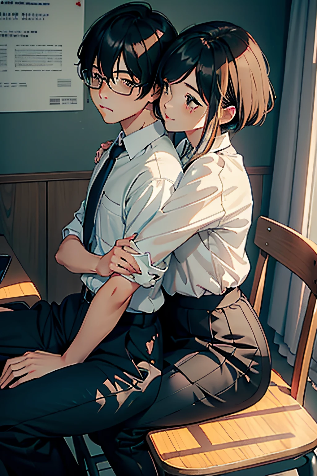 Male and female couples　Girl sitting on a chair wearing a tight skirt over a blouse。Boys hugging each other from behind。Boy in high school long pants uniform with mash cut hairstyle。Without glasses