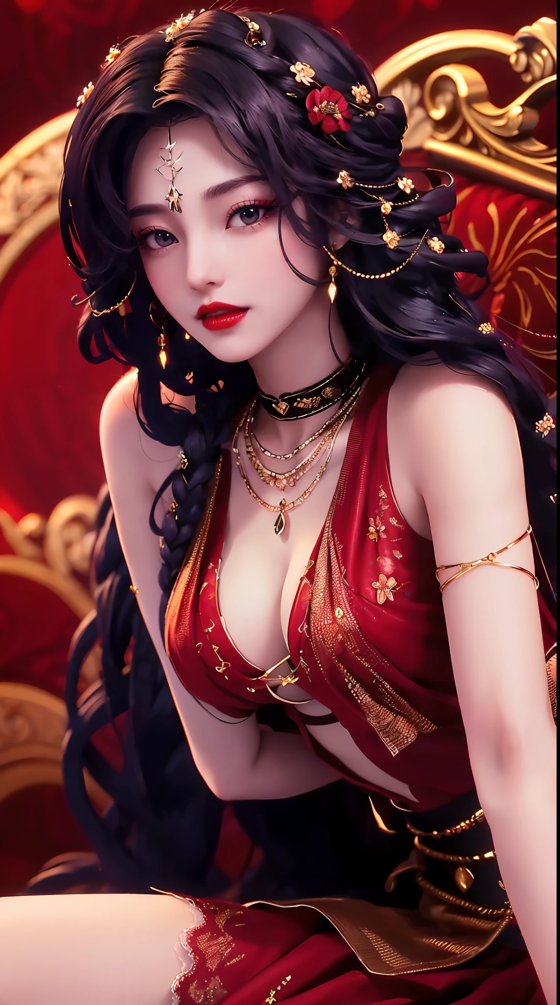 1 beautiful and sexy 20 year old girl, ((wearing a super thin red dress:1.6)), a dress with diamonds, ((long black purple hair:1.6)), bangs, jewelry elaborately made from precious stones and beautiful hair, ((wearing a black lace necklace:1.4))), the noble, noble style of an extremely beautiful girl, her small face is super cute, her face is very pretty, thin eyebrows, flawless beautiful face, ((black eye pupils: 0.8)), very beautiful eyes, ((black eyes: 1.6)), nice makeup and hair detailed eyelashes, steamy eye makeup, high nose, earrings, red lips, ((closed mouth: 1;5 )) beautiful lips, slim hands, most beautiful thighs, ((arms spread out to the sides: 1.5) ), rosy face, clean face, flawless beautiful face, smooth white skin, (big breasts: 1.5)), ((high breasts: 1.6) ), tight breasts, beautiful cleavage, (((big breasts and super round: 1.8))), ((super tight breasts: 1.7)) , beautiful breasts, perfect body, back arms, chest out, thin black mesh stockings with black lace trim, (((sitting position, lean back and lean your arms behind you:1.5))), ((chest up position: 1.5)), don't be shy, 8k photo, super high quality, super realistic, super 10x pixels, optical, bright studio, bright edges, dual-tone lighting, (high-detail skin:1.2), super 8k, soft lighting, high quality, volumetric lighting, photorealistic, photorealistic high resolution, lighting, best photo, 4k, 8k quality, blur effect, smooth sharp, 10 x pixel, ((red flower background:1.5)), aurora, lightning, super graphics realistic, most realistic graphics, alone, solo, Extremely sharp image, surreal, (((frontal portrait: 1.6)))."