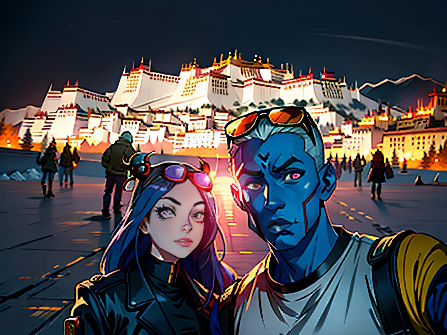 Potala Palace，Cartoony，cyber punk perssonage，Lunette de soleil，Cool，Female big eyes，blue colors，Raised sexy，Men are cold，brush cut