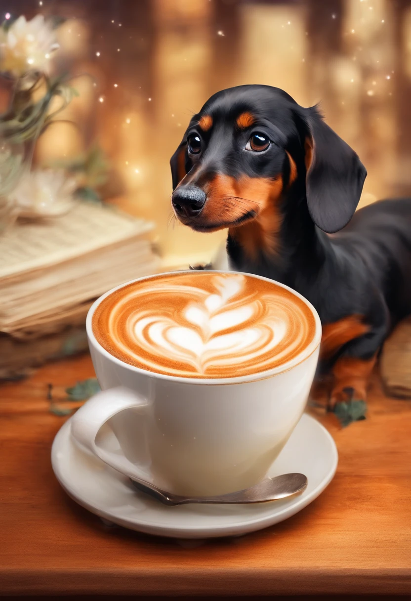 ​masterpiece:1.3, Photorealsitic, 8K,  Miniature dachshund making latte art, White giant mug, Perspective from above,