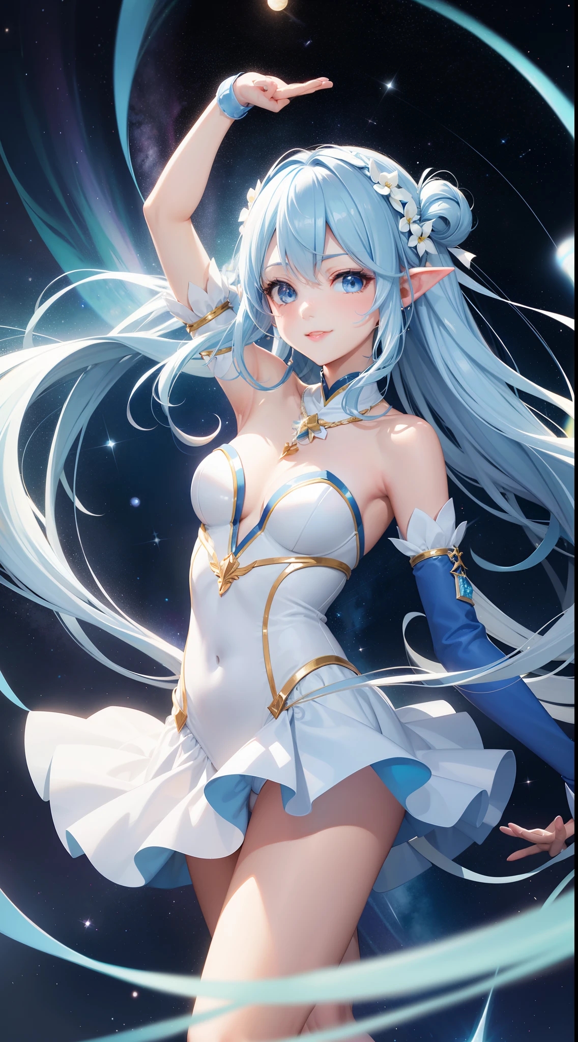 Super Idol　a beauty girl　A charming smile　sky blue hair　length hair　Twin-tailed　Bright cream and white light leotard outfit　Mystical　Fantasia　constellation　a moon　Crystal Brilliance　Aurora Borealis in the Night Sky