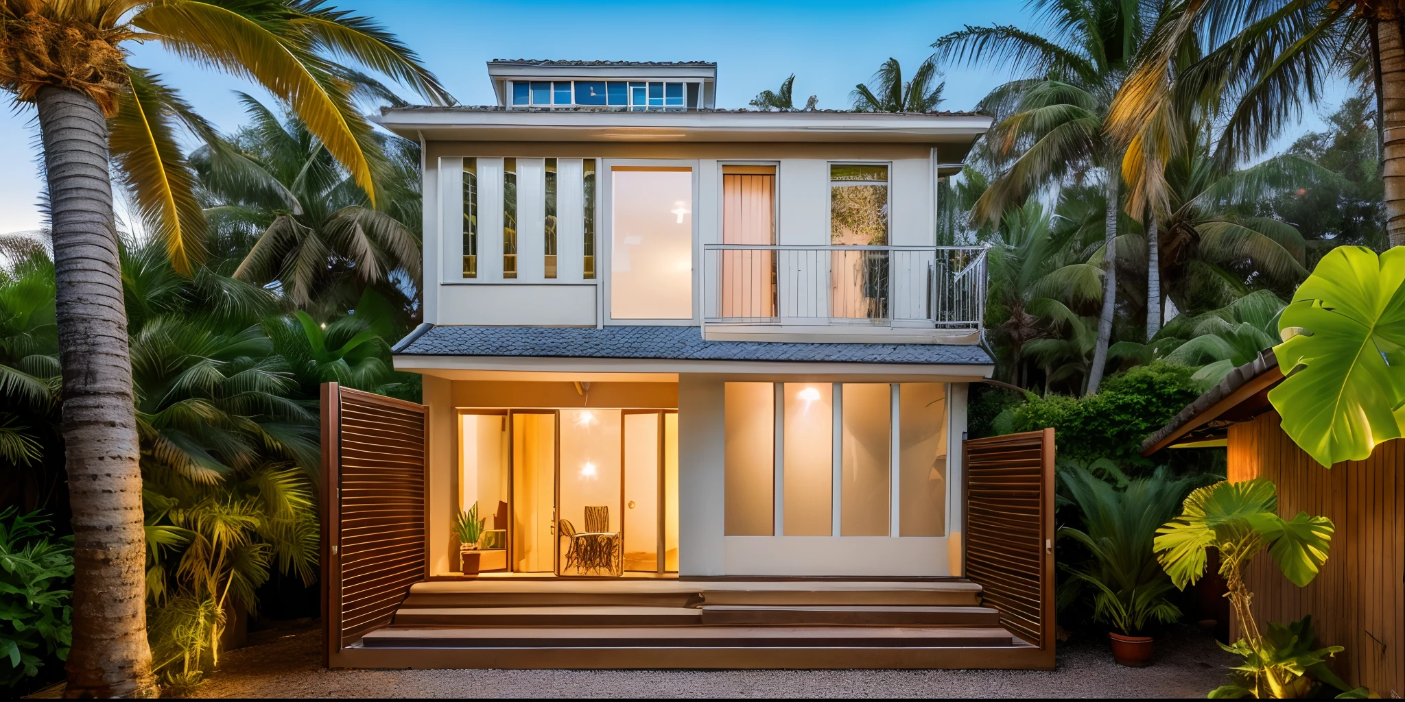 award-winning,tropical landscape,tropical style house,gravel courtyard,professional photography,highres,ultra-detailed,vivid colors,sharp focus,portraits,bokeh,stunning lighting