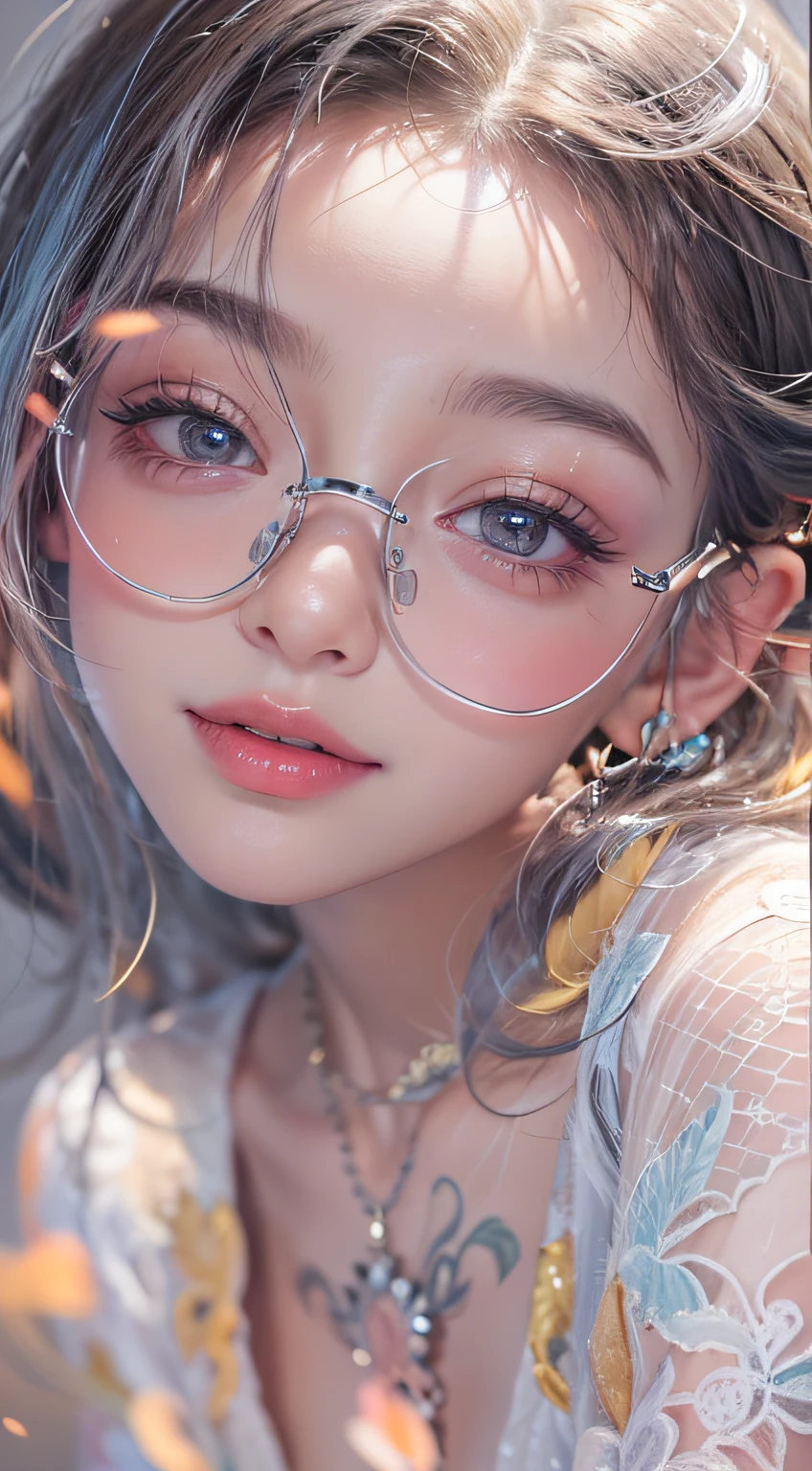 1girll,（Enchanted quality：1.4），（True textured skins of the highest quality), Delicate face,Black hair, Gradient Hair, petite body,（perfect bodies：1.1）, There is a jewel on the forehead, rimless eyewear, PUPILS SPARKLING，long eyelasher,grin, hyperphotorealism, Cinematic lighting, projected inset, surrealism, hyper HD, masutepiece, 16 K，Lie down，Dream On，Please wear clear silk pajamas,Carmelto,legs slightly open，tattooed，Fantasy space，Luxurious space
