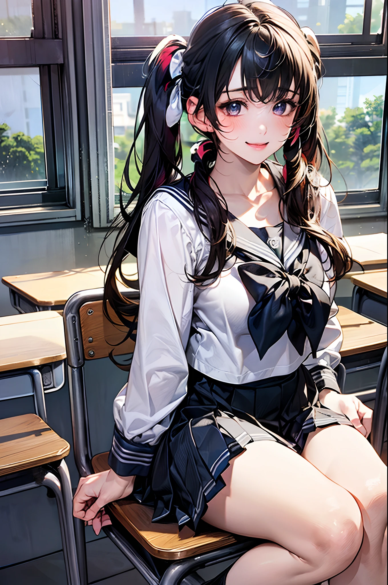 (masterpiece:1.2, top-quality), (realistic, photorealistic:1.4), beautiful illustration,
looking at viewer, looking away, full body,
1 girl, japanese, high school girl, (long hair:1.4), (twin tail:1.7), large breasts:0.8, white skin
beautiful hair, beautiful face, beautiful detailed eyes, beautiful clavicle, beautiful body, beautiful chest, beautiful thigh, beautiful legs,
(beautiful scenery), autumn, classroom, desks, chairs,
((cute school uniform, long sleeves, pleated skirt, sailor collar, scarf)), white panties, shoes,
sitting, sit in a chair, spread legs, ((female masturbation)),
(seductive smile, ashamed, tremble),