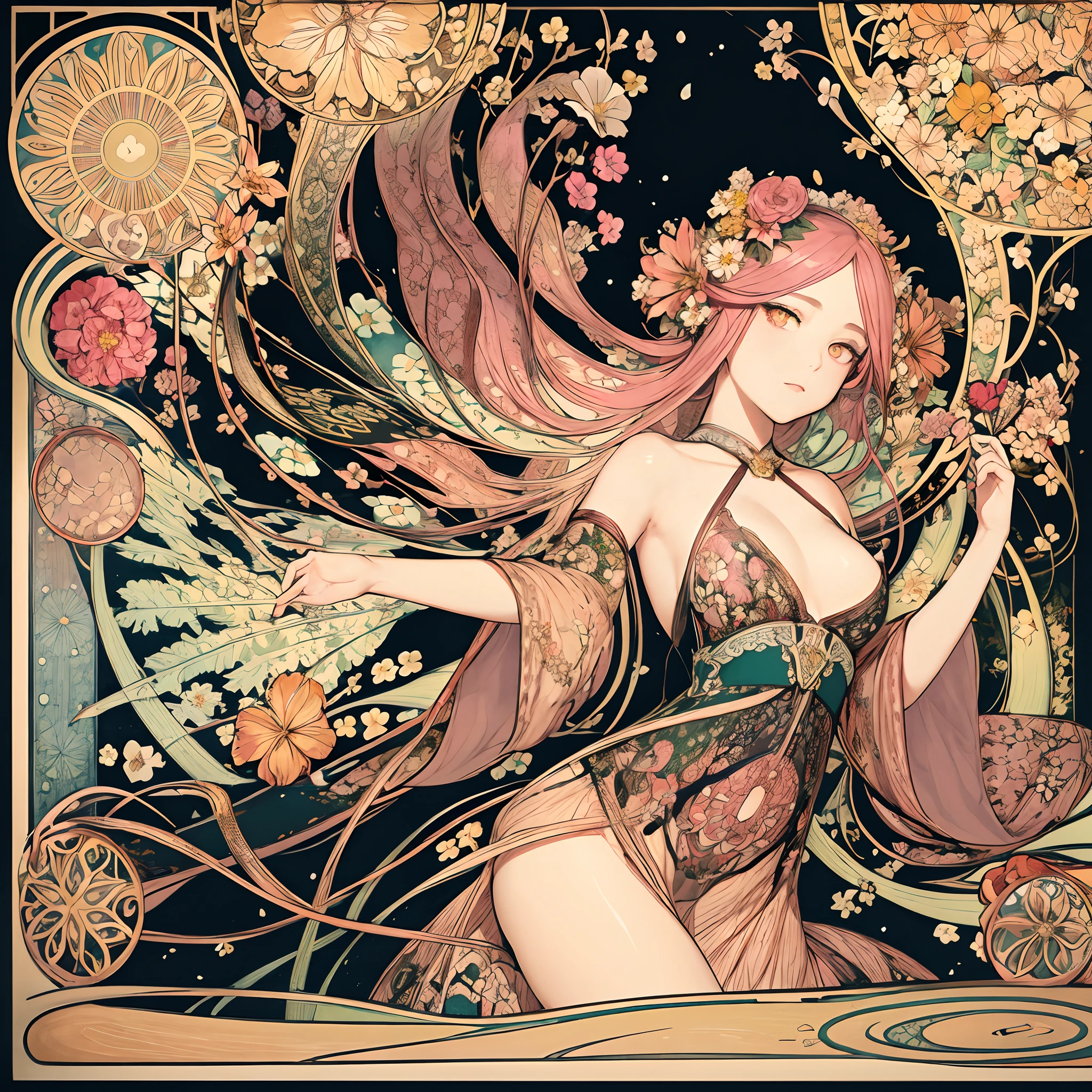 (art nouveau:1.25), Maximalism artstyle,neon theme,suprematism,beautiful detailed flower, beautiful detailed eyes,hyper detailed,flower,hyper quality,,eyes,flower and hair is same color,beautifuly color,face,her hair is becoming flower, flower,hair,flower,butterfly,,1girlkawaii,,high details, high quality,back light,hair and clothes is flower,upper body ,high quality,hair with body ,webbed dress, upper body, flower leg, flower hands,body with flower,    flower with clothes , dress with flower, , light particles,black background,  Hair with flower,small breast with flower,floating hair with flower,floating1girl,small breast,  marbling with hair and clothes, looking at viewer,original,arm down, paper cutting, black background, flower forground,  hair with flower,highres, hair with  flower,hair with flower ,hair,  wavy hair ,diffusion lighting, abstract,Butterfly with  body,   flower with hair, her hair is flower,big top sleeves, floating,pupils, [[hair over one eye]],dark