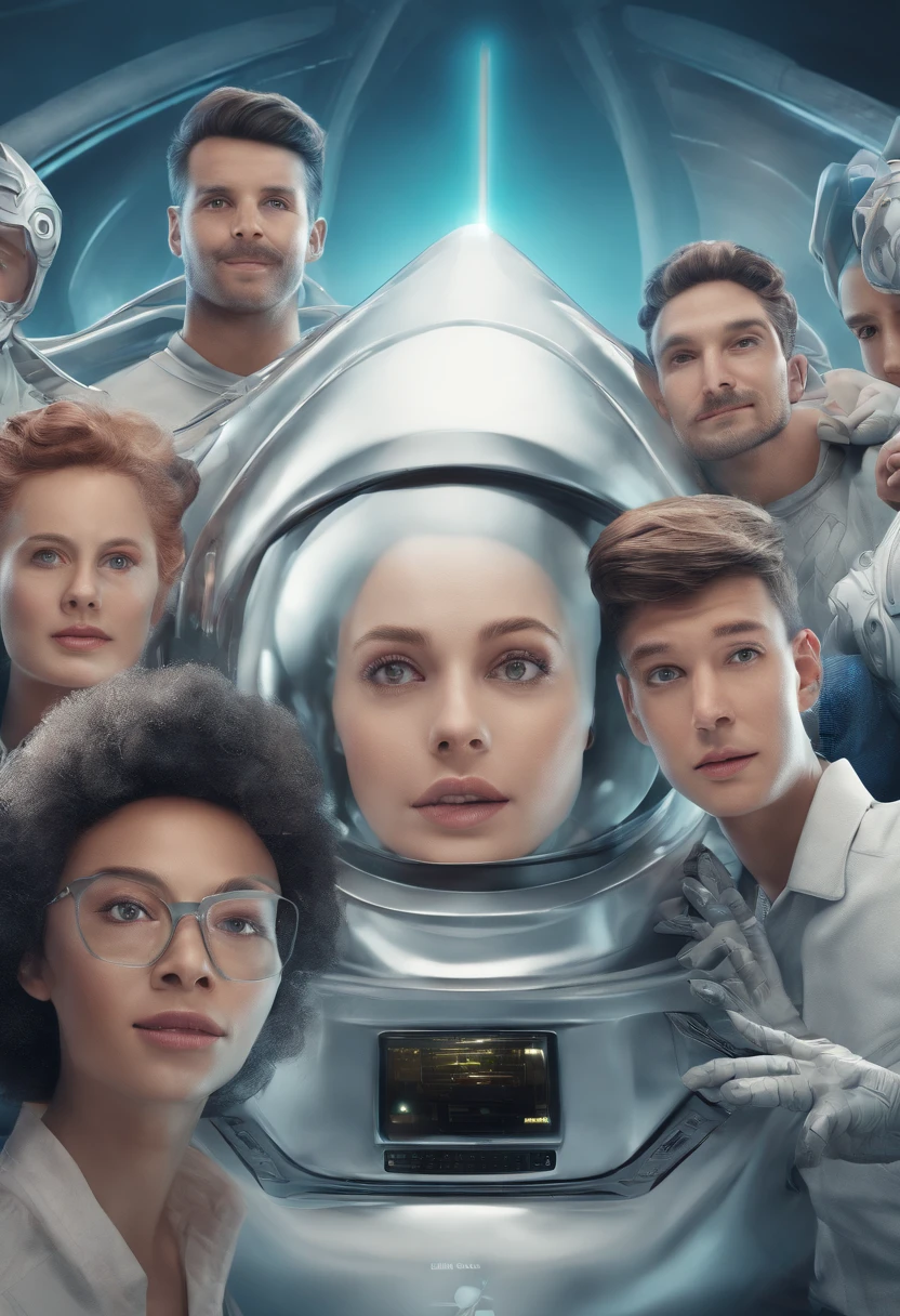 Alien selfie, Between people, the are In the background, A silver spaceship;, Ultra photo realsisim, cinematic ligh, 8K