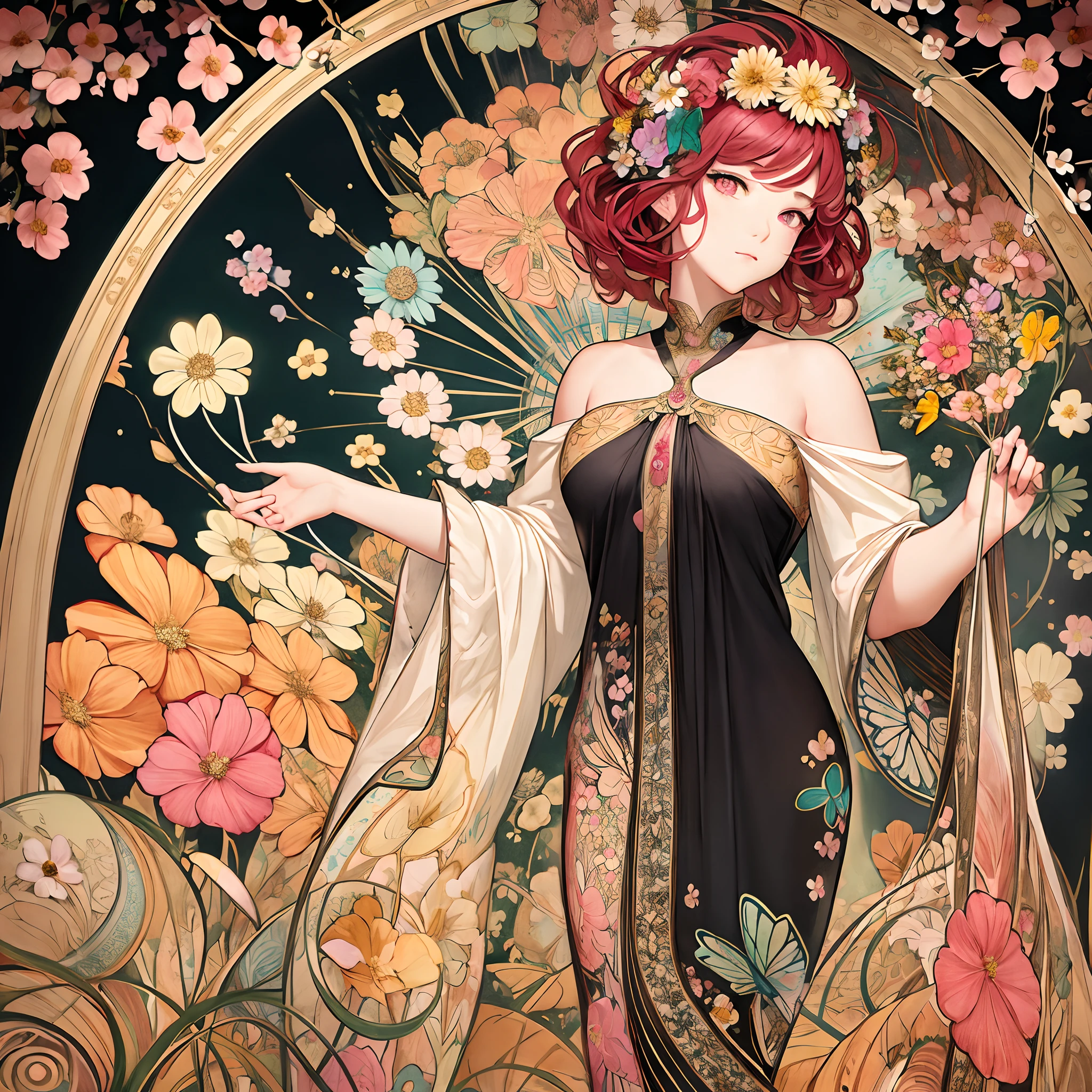 (art nouveau:1.25), Maximalism artstyle,neon theme,suprematism,beautiful detailed flower, beautiful detailed eyes,hyper detailed,flower,hyper quality,,eyes,flower and hair is same color,beautifuly color,face,her hair is becoming flower, flower,hair,flower,butterfly,,1girlkawaii,,high details, high quality,back light,hair and clothes is flower,upper body ,high quality,hair with body ,webbed dress, upper body, flower leg, flower hands,body with flower,    flower with clothes , dress with flower, , light particles,black background,  Hair with flower,small breast with flower,floating hair with flower,floating1girl,small breast,  marbling with hair and clothes, looking at viewer,original,arm down, paper cutting, black background, flower forground,  hair with flower,highres, hair with  flower,hair with flower ,hair,  wavy hair ,diffusion lighting, abstract,Butterfly with  body,   flower with hair, her hair is flower,big top sleeves, floating,pupils, [[hair over one eye]],dark