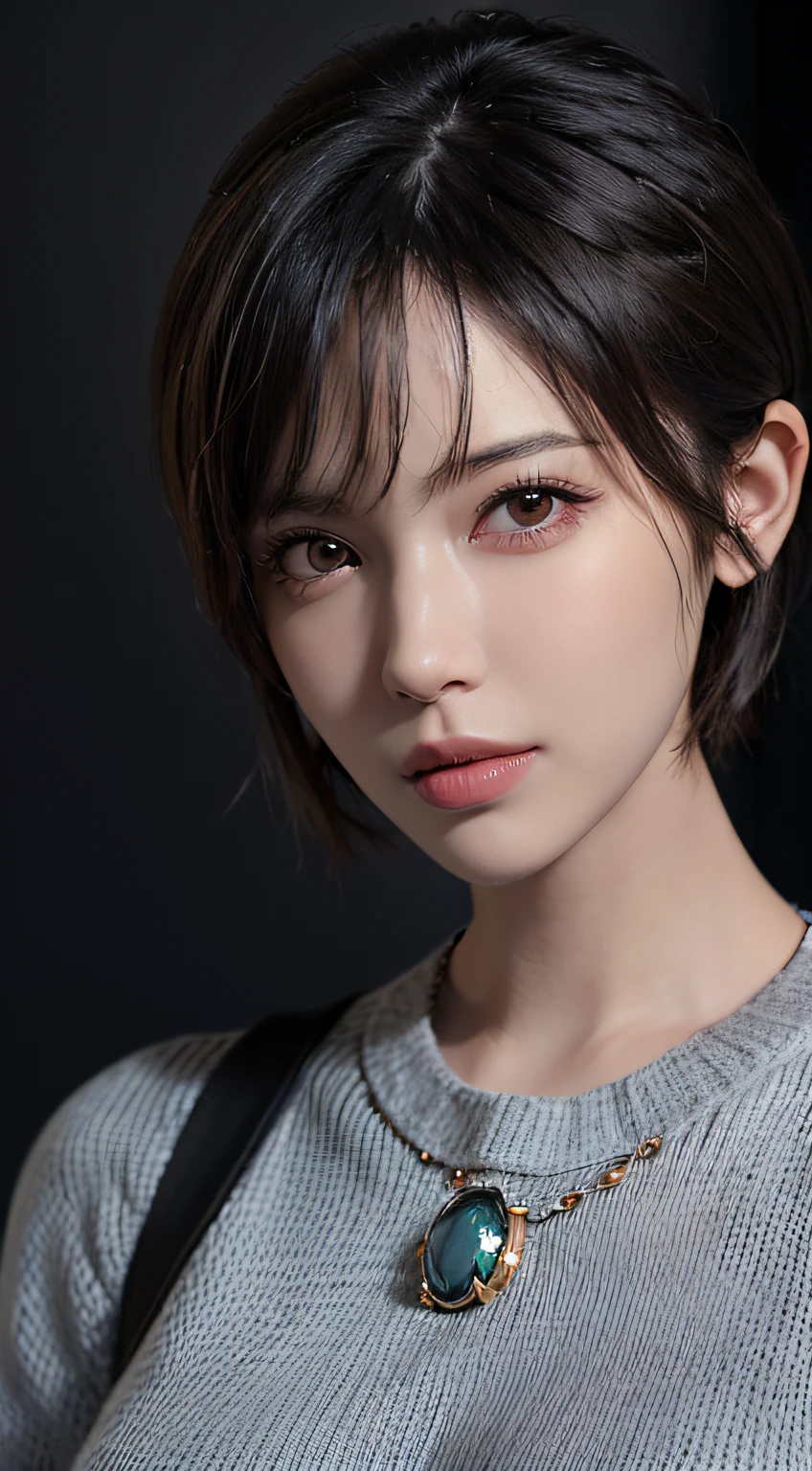 (masterpiece:1.3), (8k, photorealistic, RAW photo, best quality: 1.4), (1girl), beautiful face, (realistic face), (black hair, short hair:1.3), beautiful hairstyle, realistic eyes, beautiful detailed eyes, (realistic skin), beautiful skin, (sweater), absurdres, attractive, ultra high res, ultra realistic, highly detailed, golden ratio