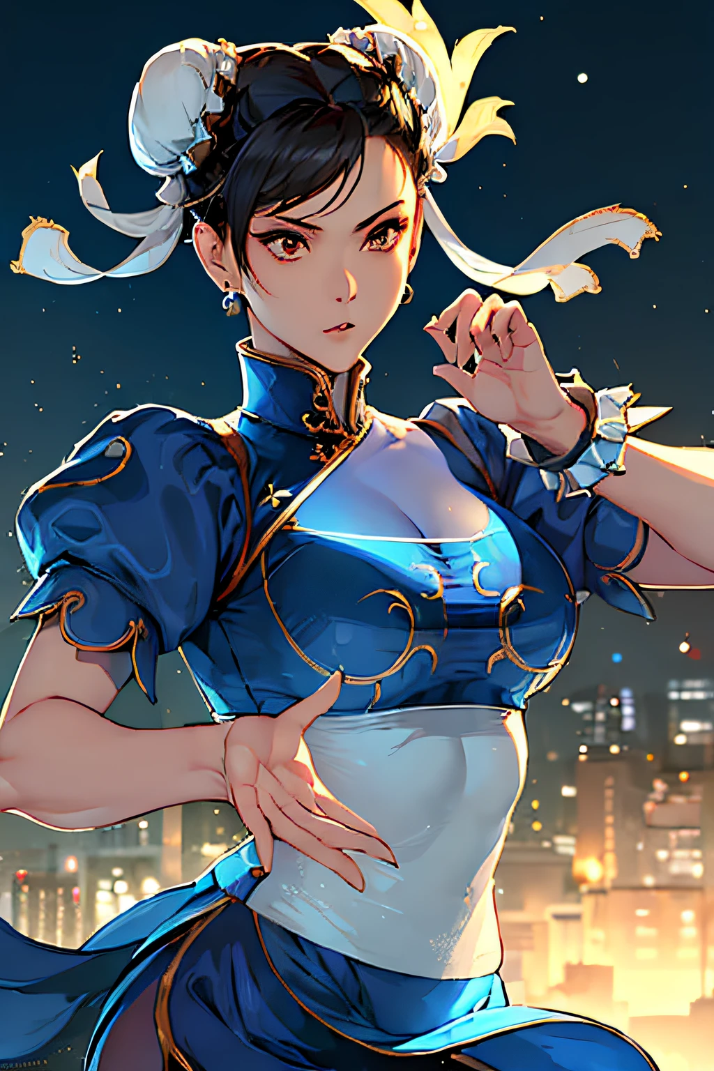 ((masterpiece,best qualtiy)),1girl,solo,ChunLi,upper body,beautiful night street background