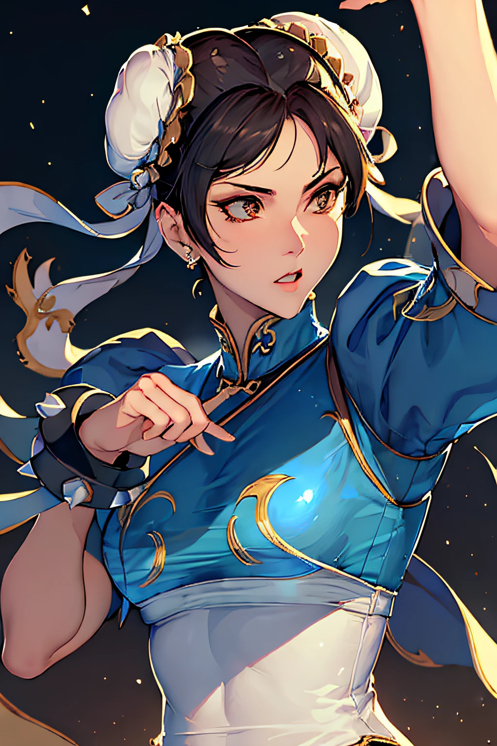 ((masterpiece,best qualtiy)),1girl,solo,ChunLi,upper body,beautiful night street background