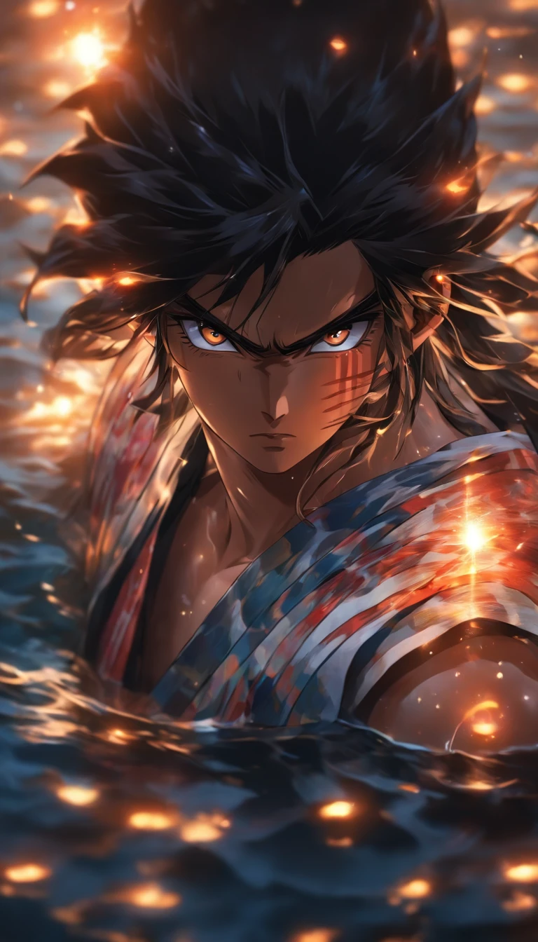 Masterpiece, Best Quality, A young man in the costume of a Japanese god, Long black waist-length hair with white stripes, holds a flashlight in the form of an eye in his hand, stands on the surface of the water