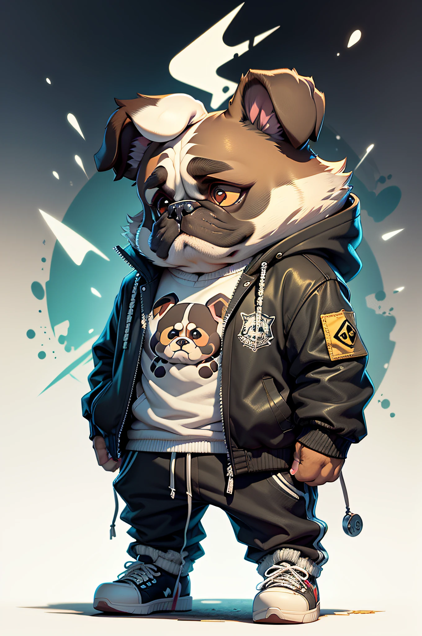 C4tt4stic, Cartoon lop-eared bulldog dog with jacket and skateboard（Body hair is black、droopy ears、）