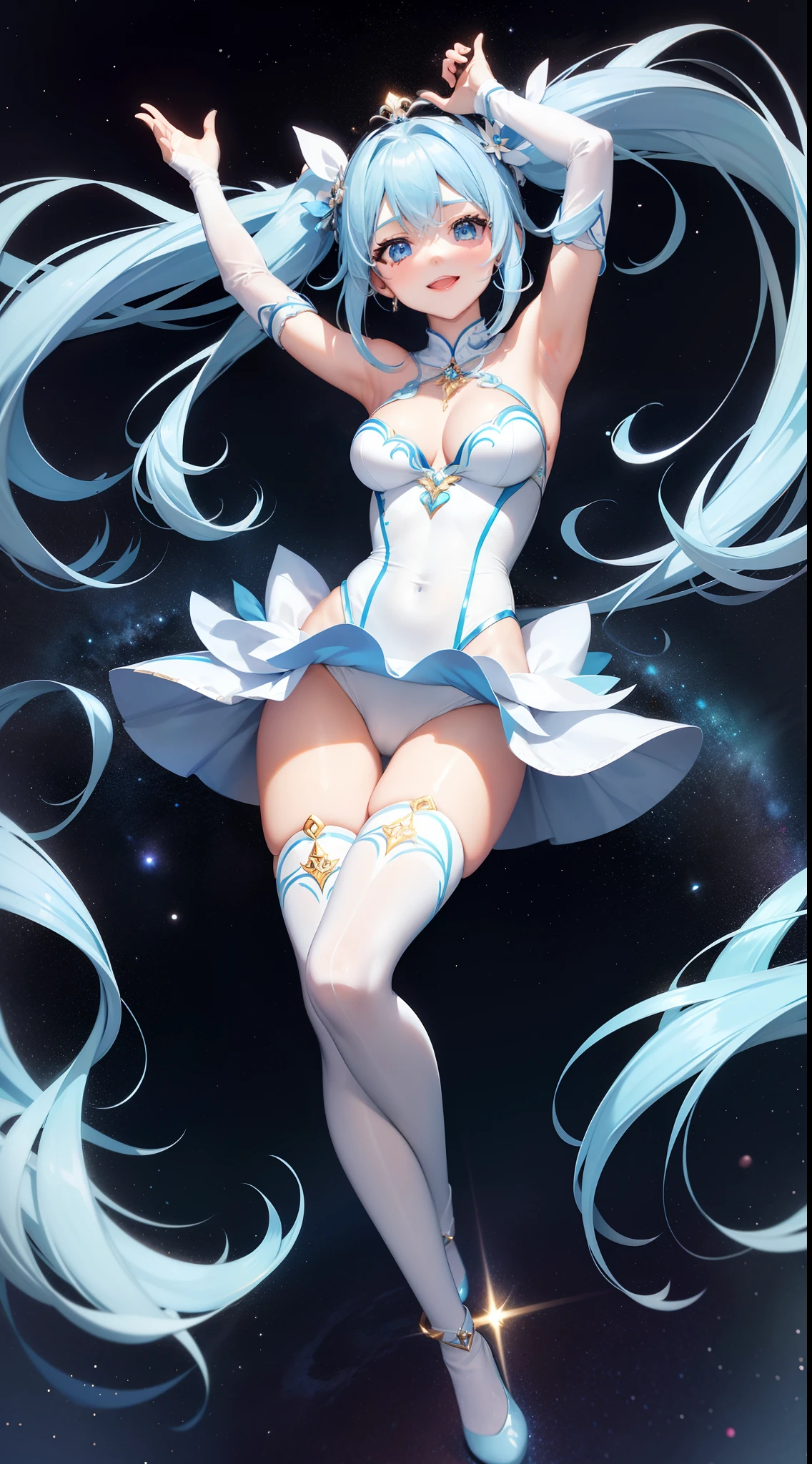 Super Idol　a beauty girl　A charming smile　sky blue hair　length hair　Twin-tailed　Bright cream and white light leotard outfit　Mystical　Fantasia　constellation　a moon　Crystal Brilliance　Aurora Borealis in the Night Sky