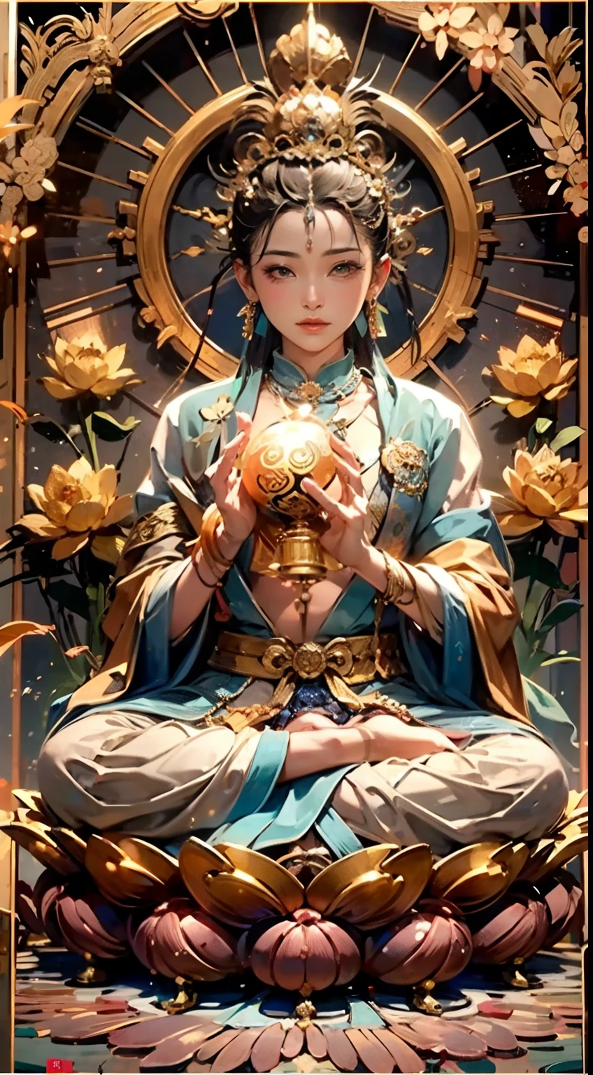 (Imortais Chineses), (budismo), Multiplicar_Hands,(mythological stories), (bodhisattva), She sits on a lotus, (Three hands on the left,Three hands on the right, Each hand holds a different Buddhist vessel, simetria esquerda direita),(rosto delicado e bonito), (manto de seda branca)sitting on a lotus flower, foto frontal,Sorriso leve, neoclassical, sobre arte, Chiaroscuro, Cinematic lighting, deus luz, ray tracing, folhas de caracteres, projected inset, perspectiva em primeira pessoa, hiper HD, master part, ccurate, pele texturizada, Super Detalhe, Detalhes altos, alta qualidade, Premiados, best quality, A high resolution, 8k