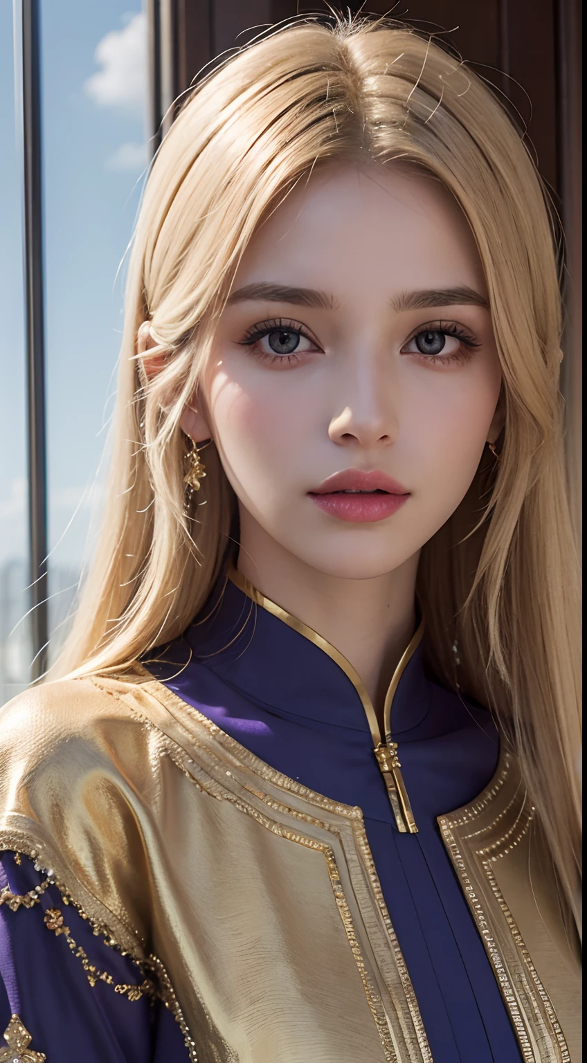 (master piece: 1.3), (8k, photoreallistic, Photo brute, beste-Qualit: 1.4), (1fille), beau visage, (realistic face), (cheveux rouges crystal bright, cheveux long blond1.3), belle coiffure, Realistic Crystal Brilliant Bright Eyes Bright, beautiful detailed eyes brilliant European beauty, (realistic skin), belle peau, (tirer), absurdes, attrayant, ultra highres, ultra realist, highly detailed, Golden number wearing a Moroccan Islamic caftan outfit half purple half blue
