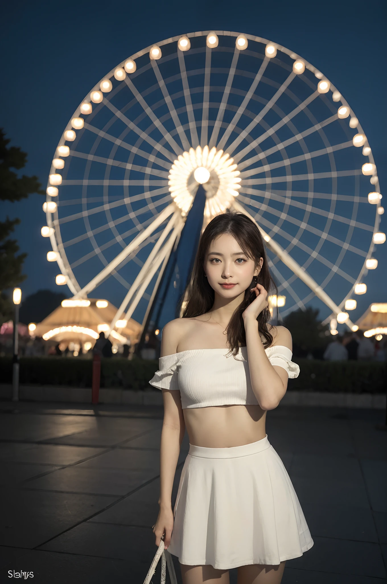 ((top-quality、masterpiece:1.3))、((Russian beauties))、1 female:2.0、25-years old、Colossal tits:1.3、Slender body type:1.1、Toned abs、Blonde semi-long hair、Detailed lips、detailedeyes、二重まぶた、blue eyess、wide Shots、(Raw photography、top-quality)、(realisitic、Photorealsitic:1.3、nighttime scene:1.5)、top-quality、masterpiece、extremely delicate and beautiful、extremely details CG、 absurderes、A smile、Erotic face、sparklers、omatsuri、skyrocket、wide Shots、Slouched、Nokezoru、An amusement park、Off-shoulder white shirt、flered skirt、merry-go-round、the Ferris wheel
