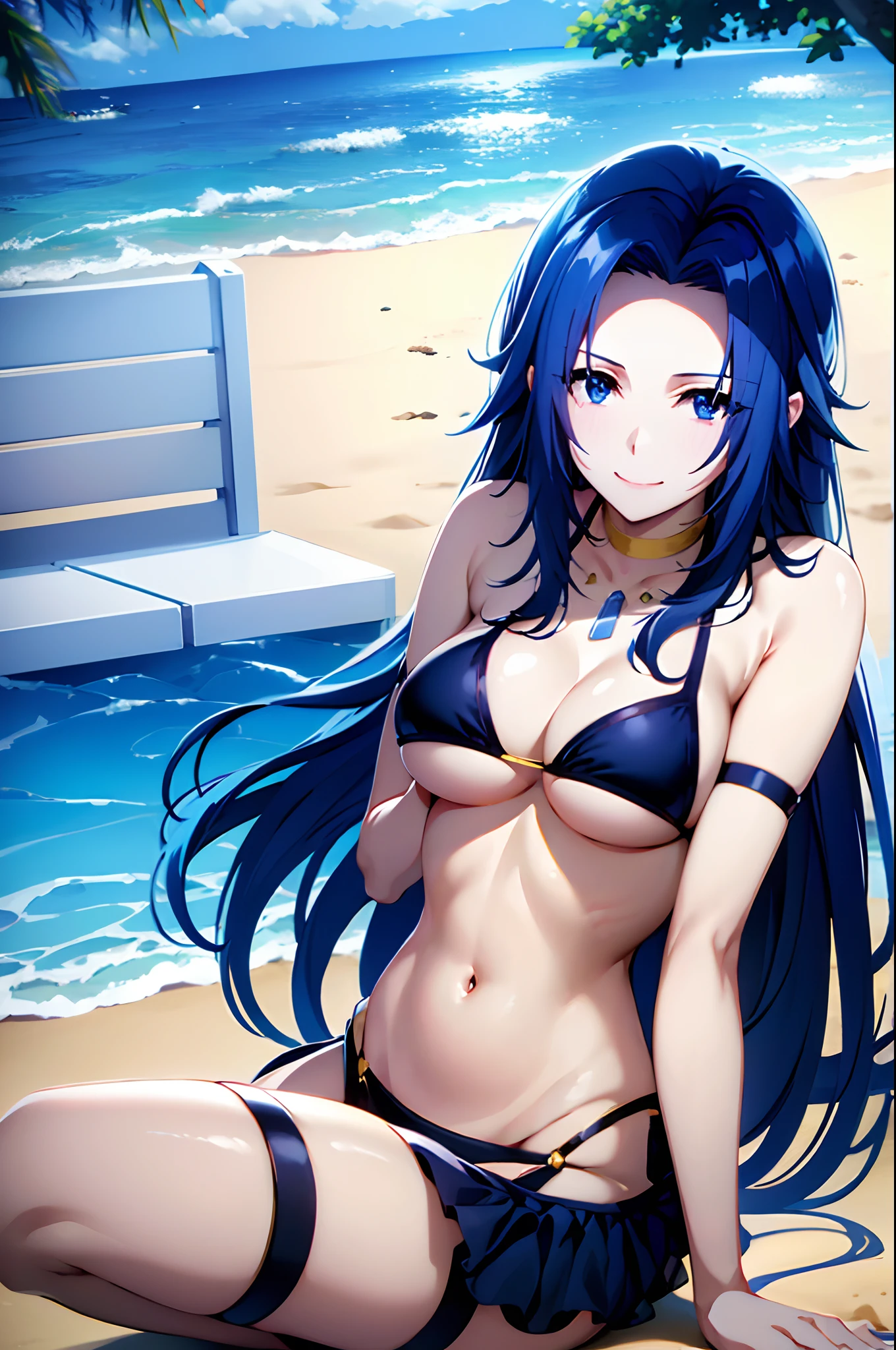 Blue hair,Dark Blue Eyes,,bikini,on the beach,smile,joy