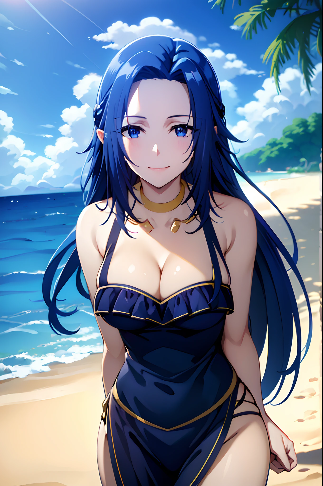 Blue hair,Dark Blue Eyes,,bikini,on the beach,smile,joy