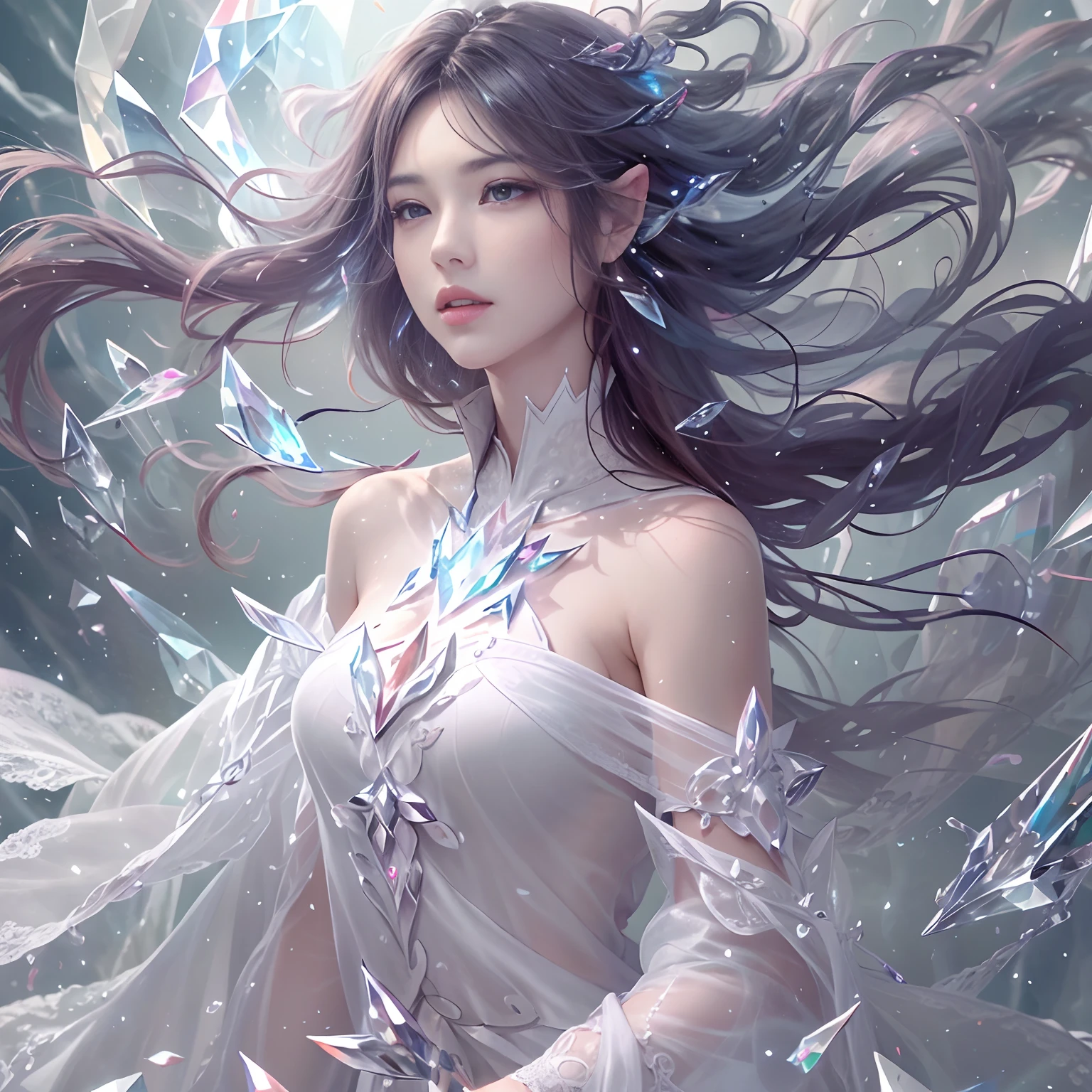 Miss, Long hair, Sunlight, , iridescent dress, Luminescence stars, Digital Illustration, Luminescence lotus, Deflection peak, Chromatic Aberration, Bloom and (Luminescence, holographic foil:0.6), Beautiful fantasy queen, Gu Weiss, Ruan Jia and Artgerm, Beautiful fantasy girl, Japanese Goddess, The inside is empty,She didn't even wear, When she moves her body, Two fat and white breasts swinging left and right, Under the friction of clothes, Two lotus seed-sized nipples actually stood up, Her clothes were protruding with two sharp corners.,