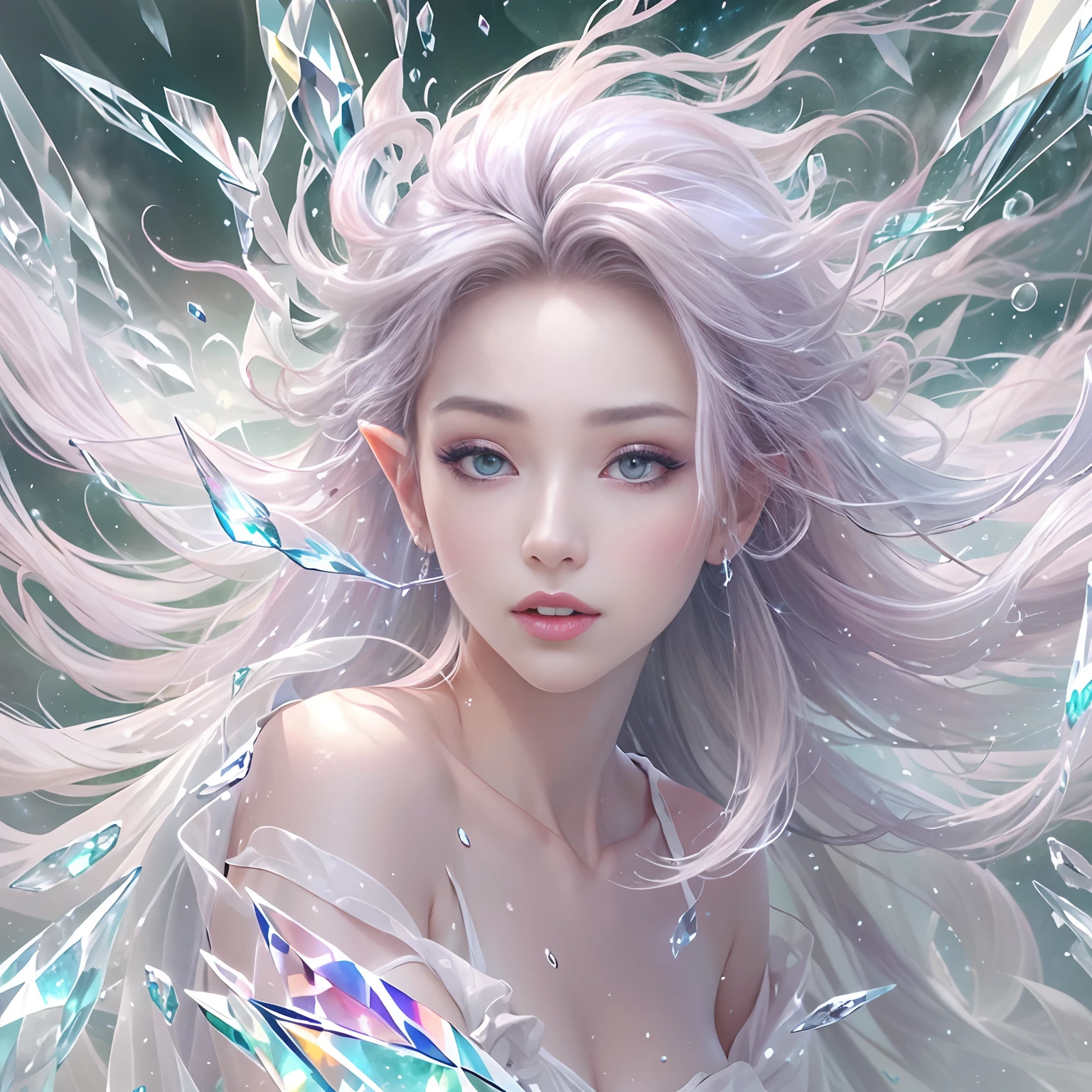 (Masterpiece, Top Quality, Best, Official Art, Beautiful and Aesthetic, Long Exposure: 1.2), Smooth Movement, Charming Patterns, 1 Girl, (Long Dress with Sleeves: 1.3), (((White Clothes) )), upper body close-up, bare shoulders, Chinese girl, blush, black lob hair, portrait, solo, upper body, looking at the observer, detailed background, detailed face, (crystallineAI, crystalline theme:1.1), elemental wind elves, rotation Wind, control the wind, white crystal clothing, dynamic pose, floating particles, ethereal dynamics, whirlwind, vapor, whirlwind in the background, white tone, whirlwind, ethereal atmosphere,