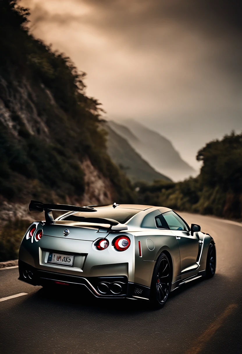 nissan gtr r-35, walk in motion on a scenic road, next to the seaside, realistic, HD, modified, hi performance, high speed, in sunshine morning, Showing the integration between the car and the environment. Don’t make photos too cartoony.