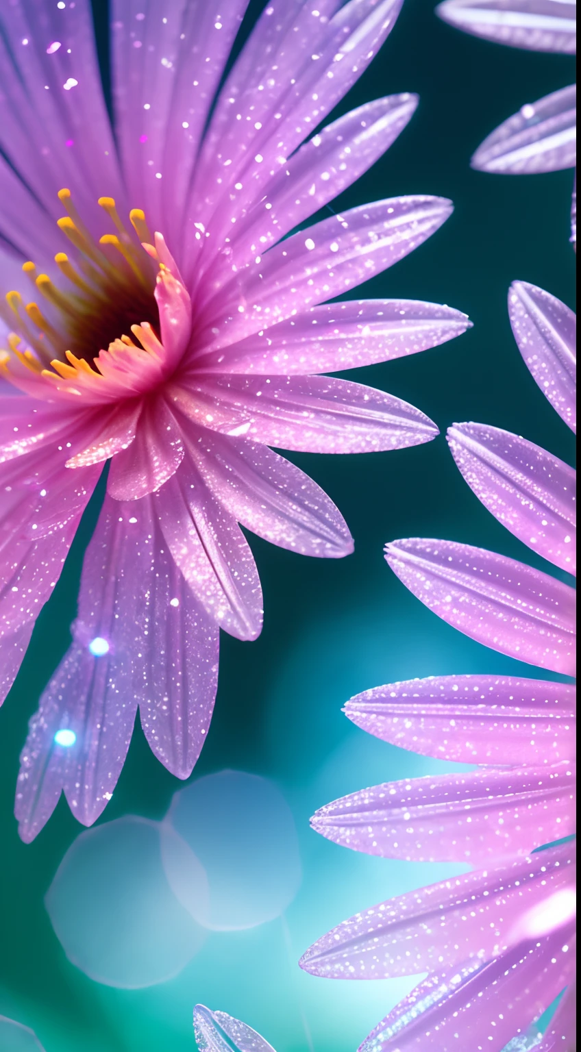Crystal spring flower,Pink white gradient,water drop,Fantastical, galaxies, Transparent,, Pink white gradient,water drop,Light blue leaves,Sparkle, Sparkle, brilliance, Water,colorful,, Magical photography of light blue leaves, dramatic illumination, Photo realism, Ultra detailed, 4k, depthoffield, high resolusion
