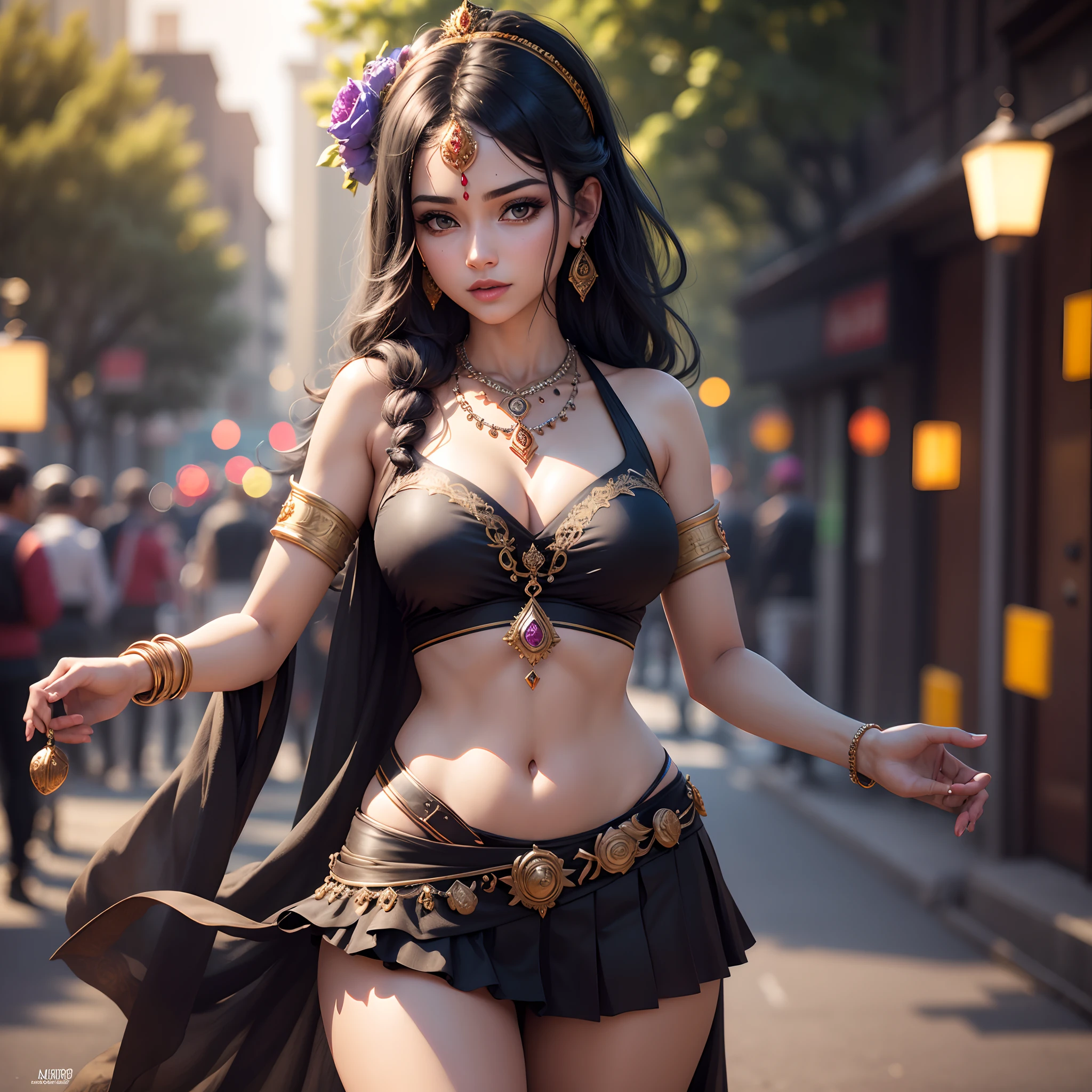 Lord karshna , best quality, masterpiece, high resolution, [purple|sliver|green] _hair, black miniskirt, hair accessory, necklace, jewelry, beautiful face, looking forward, full body view, realistic, outdoor, modern square, two-tone lighting, (high detail skin: 1.2), 8k UHD, dslr, soft light, high quality, volumetric light, candid, photo, high resolution, 4k, 8k, background blur