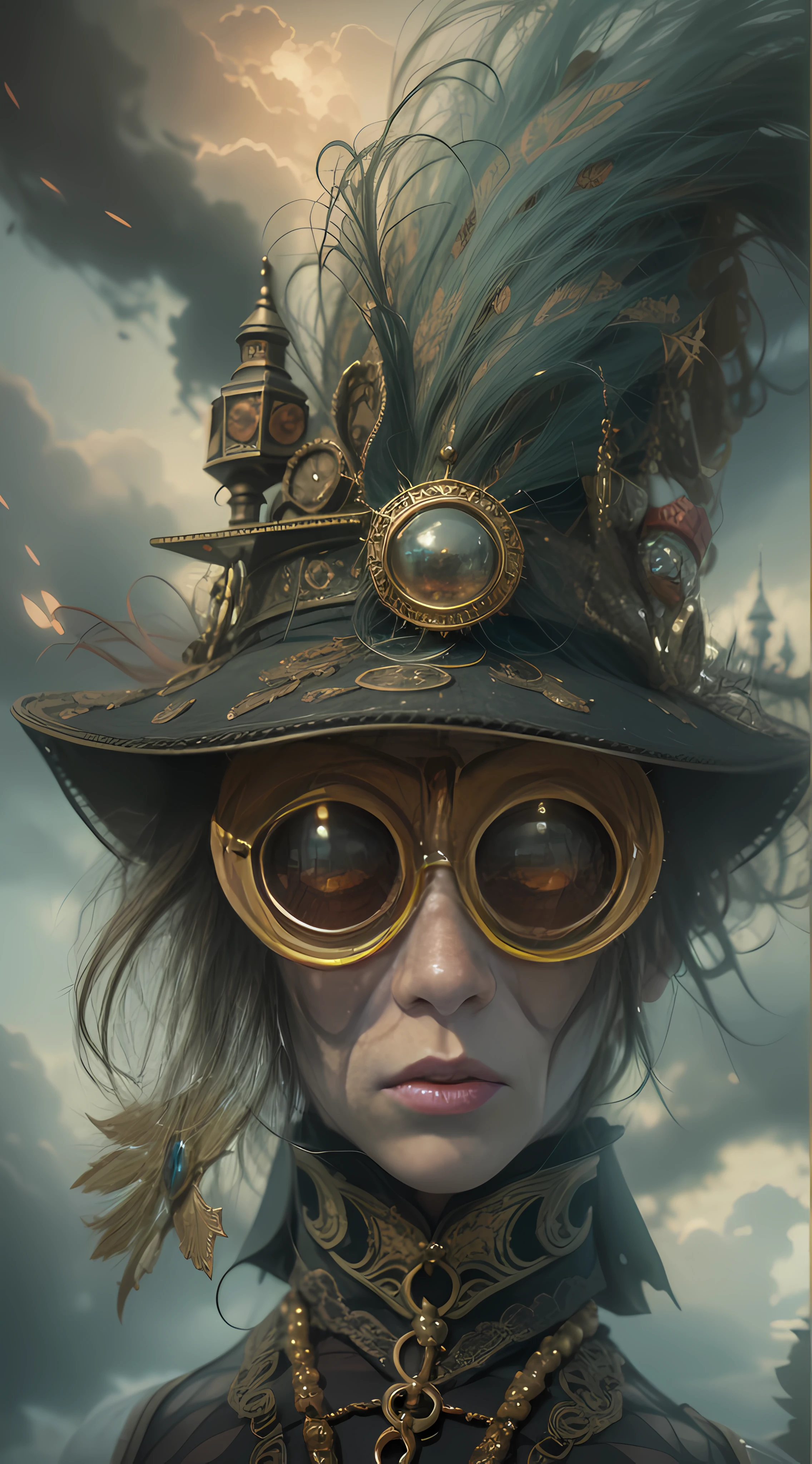 a fantastical Halloween world where the atmosphere is thick with magic and mystery. A bohemian steam punk fashion design full body, stand guard, in the dramatic skies above. The face of this creature is a work of art, with exact features that seem to shift and change with every passing moment. See it come to life in an insanely detailed oil painting, or rendered with precision in a hyperrealistic style, Mysterious